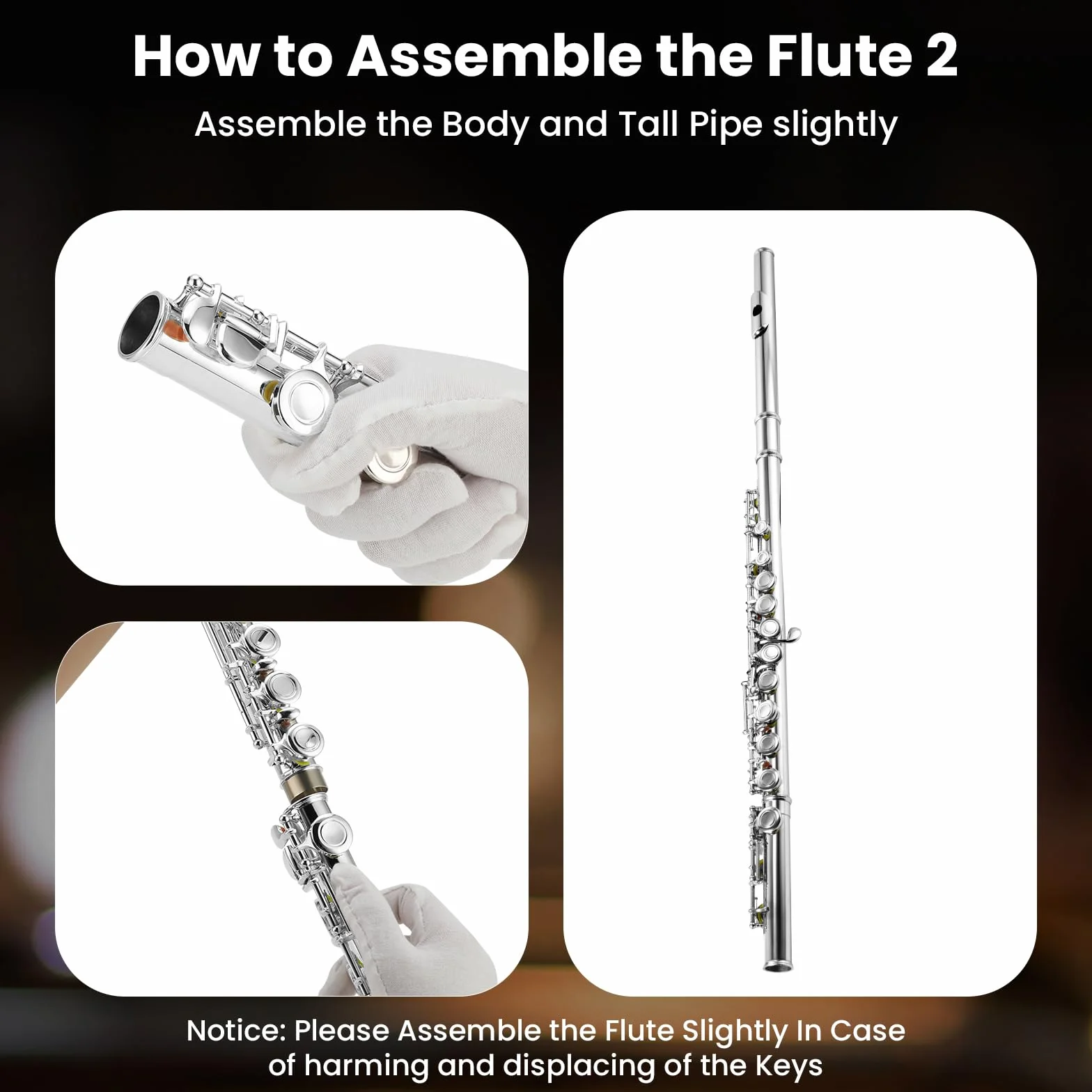 Asmuse Flauta Travesera Plateada 16 Agujeros Cerrados C clave Flauta Escolar con Estuche, Paño de Limpieza y Guantes para Principiantes y Profesionales
