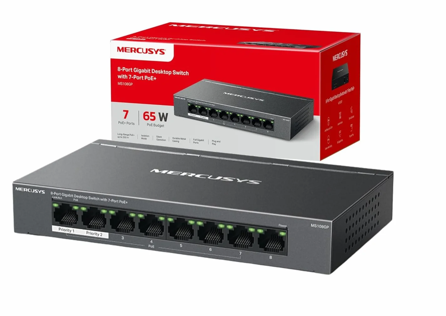MERCUSYS MS108GP - Switch Gigabit RJ45 de 8 Puertos, 7 PoE+ Puertos,transmisión PoE hasta 250 Metros, LAN Ethernet 10/100/1000 Mbps, Plug and Play, Pequeño, Carcasa Plástico