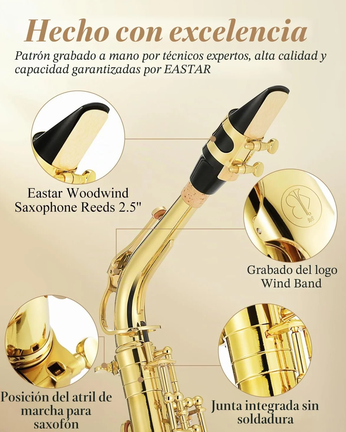 Eastar AS-Ⅲ Commander E Flat Wind Band Saxophone，Beautiful Gold +Eastar ERD-ASS1 Eb Saxophone Reeds, Strength 3, 5-pack