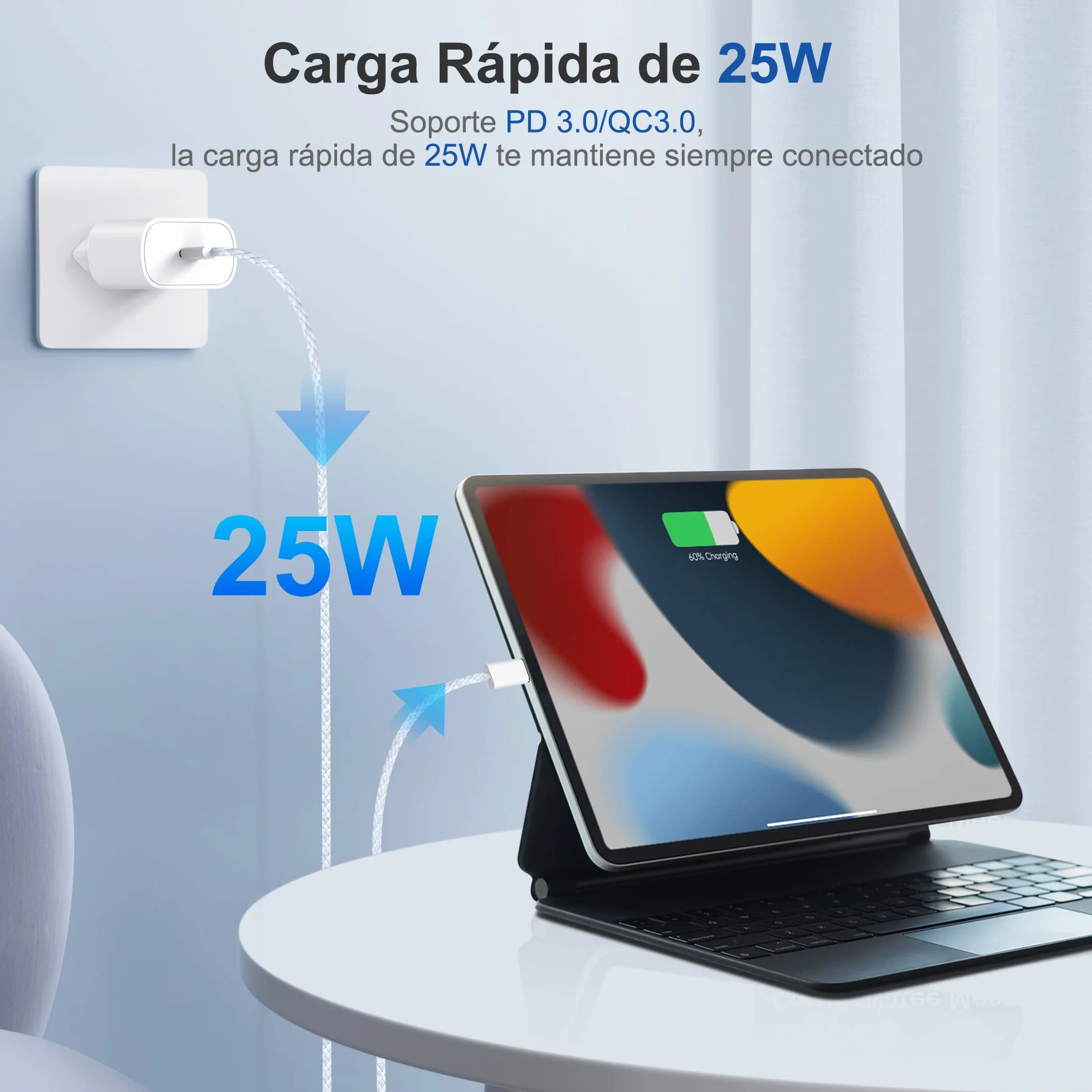 YISH Cargador USB C Carga Rápida 25W PD/QC 3.0 3A Tipo C con Cable 60W