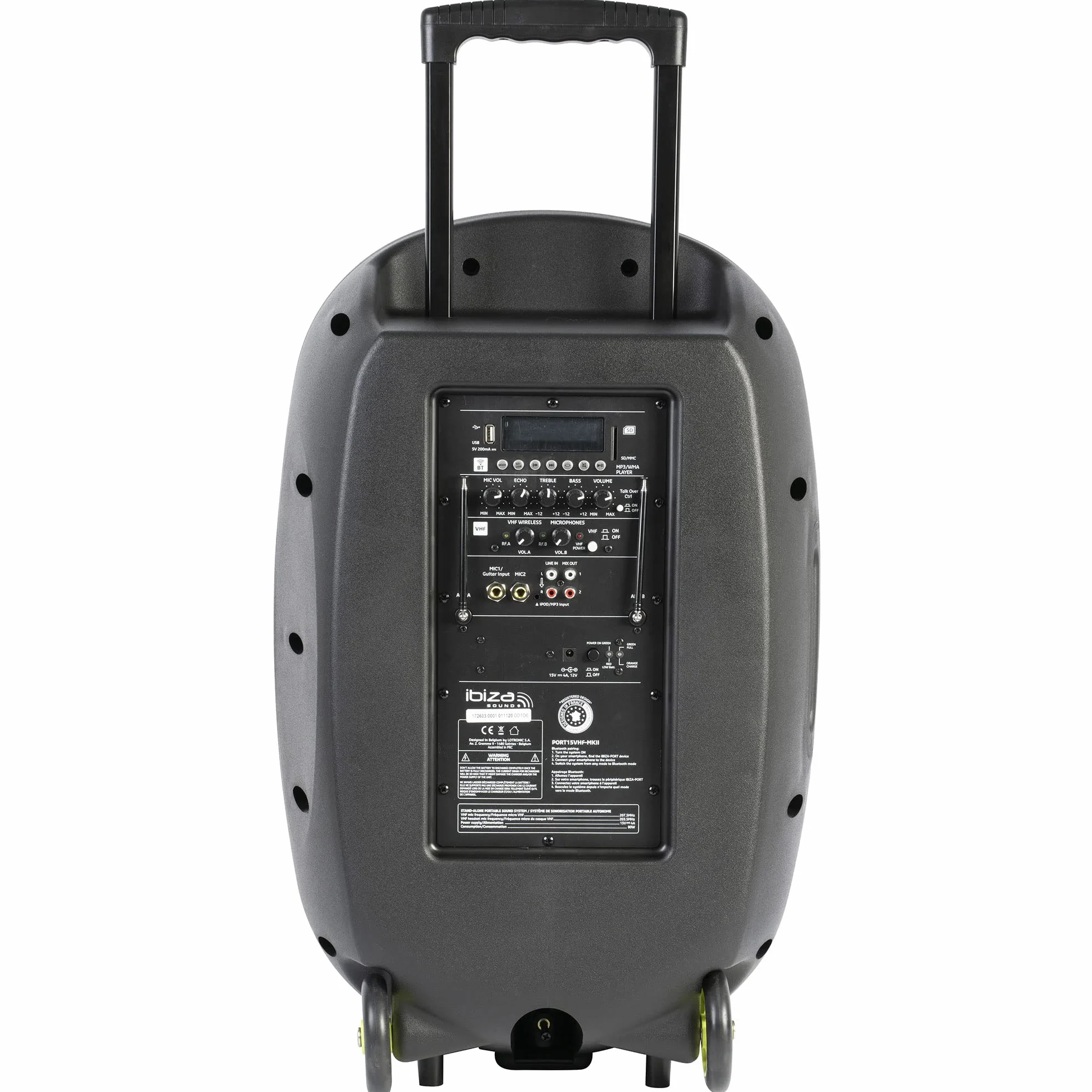 Ibiza - PORT15VHF-MKII-TWS - Altavoz portátil 15"/800W MAX con 2 micrófonos (VHF), Mando a Distancia y Funda Protectora - Bluetooth, USB, SD & TWS - 6 a 8h de autonomía