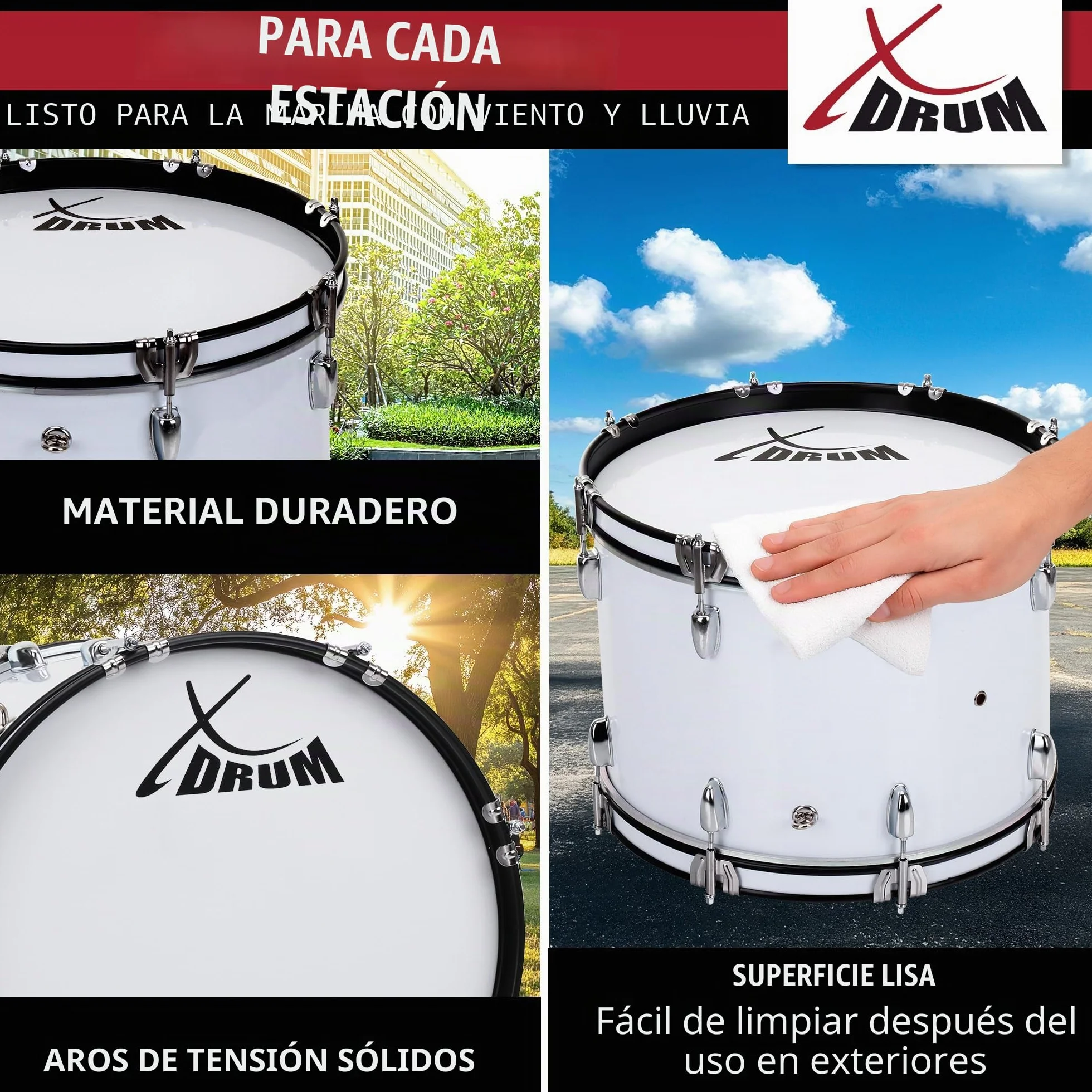 XDrum MBD-218 Tambor de marcha 18x12" - Bombo grande, 6,5 kg; 4 anillas de sujeción; 8 tornillos de tensión por lado; incluye mazas, correas, llave de afinación; blanco