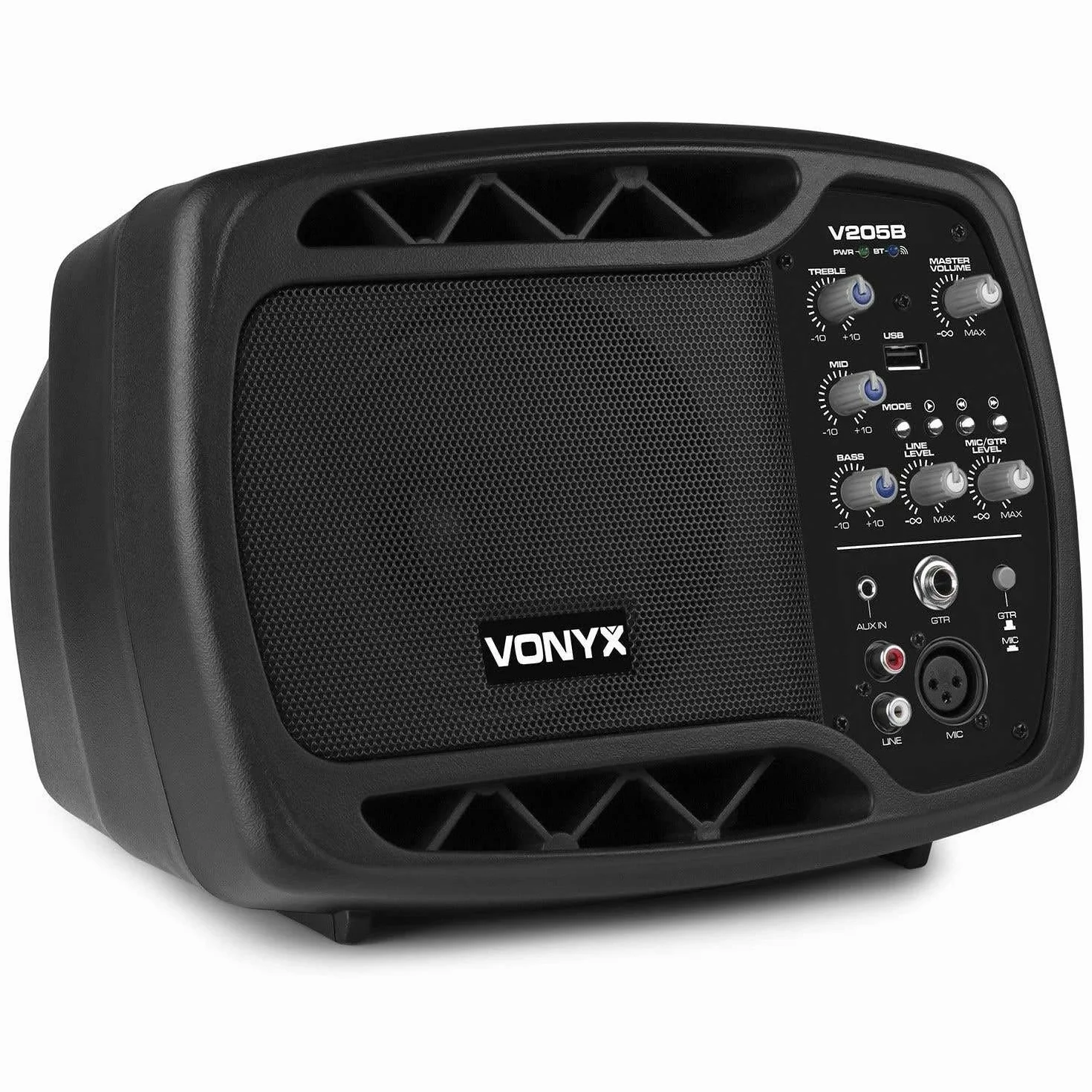 Vonyx V205B Monitor de Escenario - Altavoz Activo de 5 ", conexión inalámbrica Bluetooth, Puerto USB, Entrada de micrófono/Guitarra, Compacto y Ligero, Apto para Montaje en Soporte