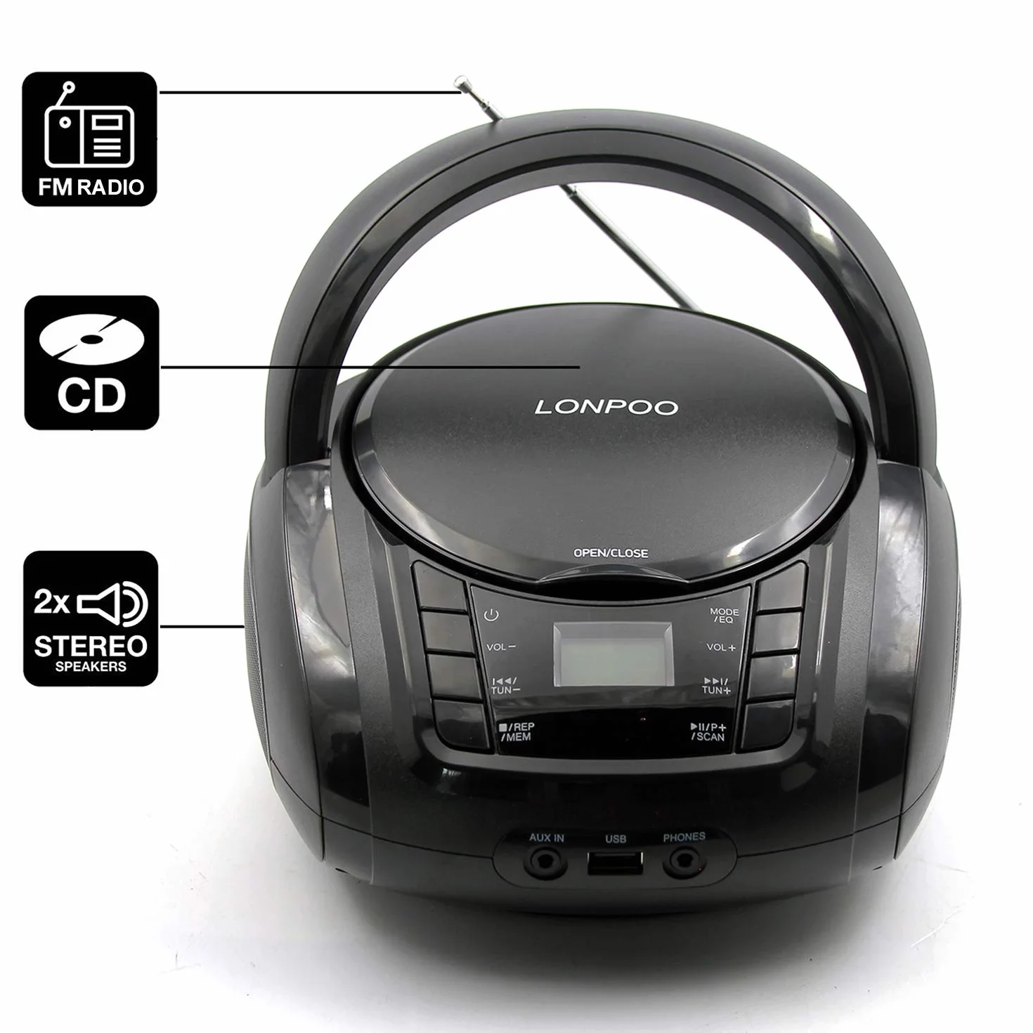 LONPOO Reproductor de CD Portátil Bluetooth con Altavoz HiFi, Radio FM, USB, AUX