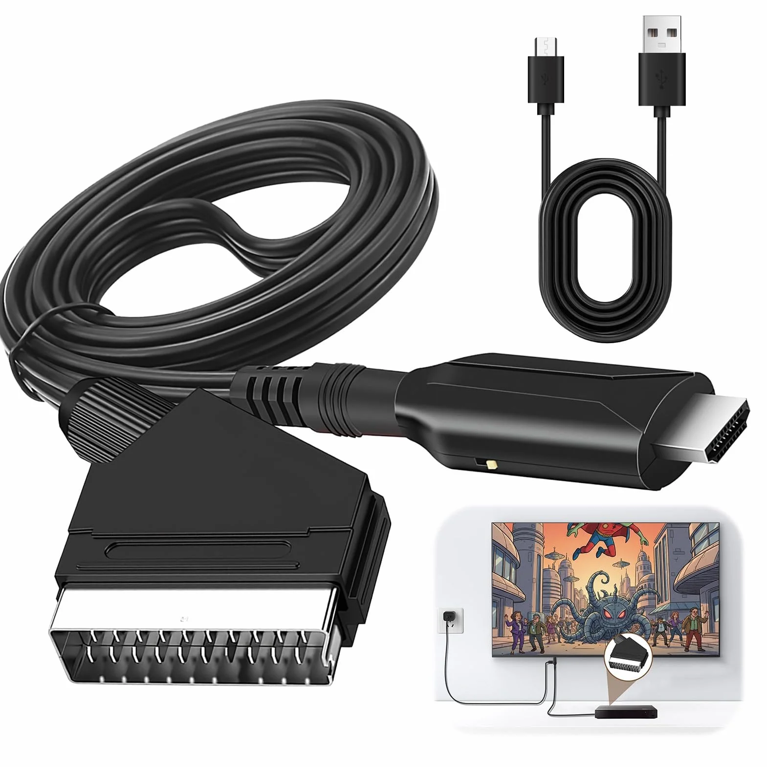 Cable Adaptador SCART a HDMI, Convertidor Euroconector a HDMI Todo en uno Cable Euroconector a Hdmi HD 720/1080P Convertidor Audio/Video con SCART Cable para HDTV STB VHS Xbox PS3 Sky DVD Blu-ray