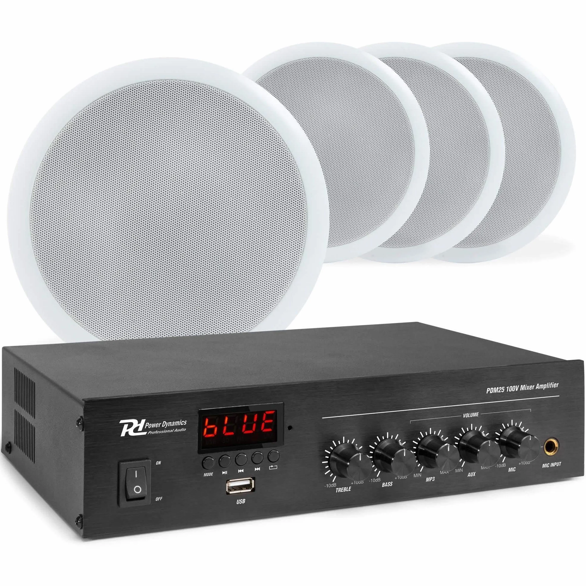 Power Dynamics - Pack de Sonido 100V con 4 Altavoces de Techo de 5" Blancos, Amplificador Bluetooth PDM25, Radio FM, MP3 USB y 50m de Cable. Ideal para oficinas, Tiendas, restaurantes, oficinas, etc.