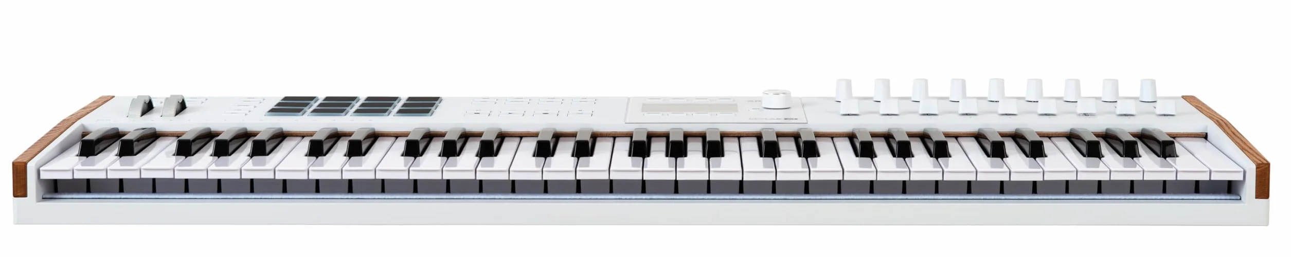 Arturia KeyLab 61 MK3 White, teclado c/controlador MIDI producción, paq. software todo-en-1-61 teclas, 9 codificadores, 9 faders, 1 rueda modulación, 1 rueda inflex. tono, 12 almohadillas - Blanco