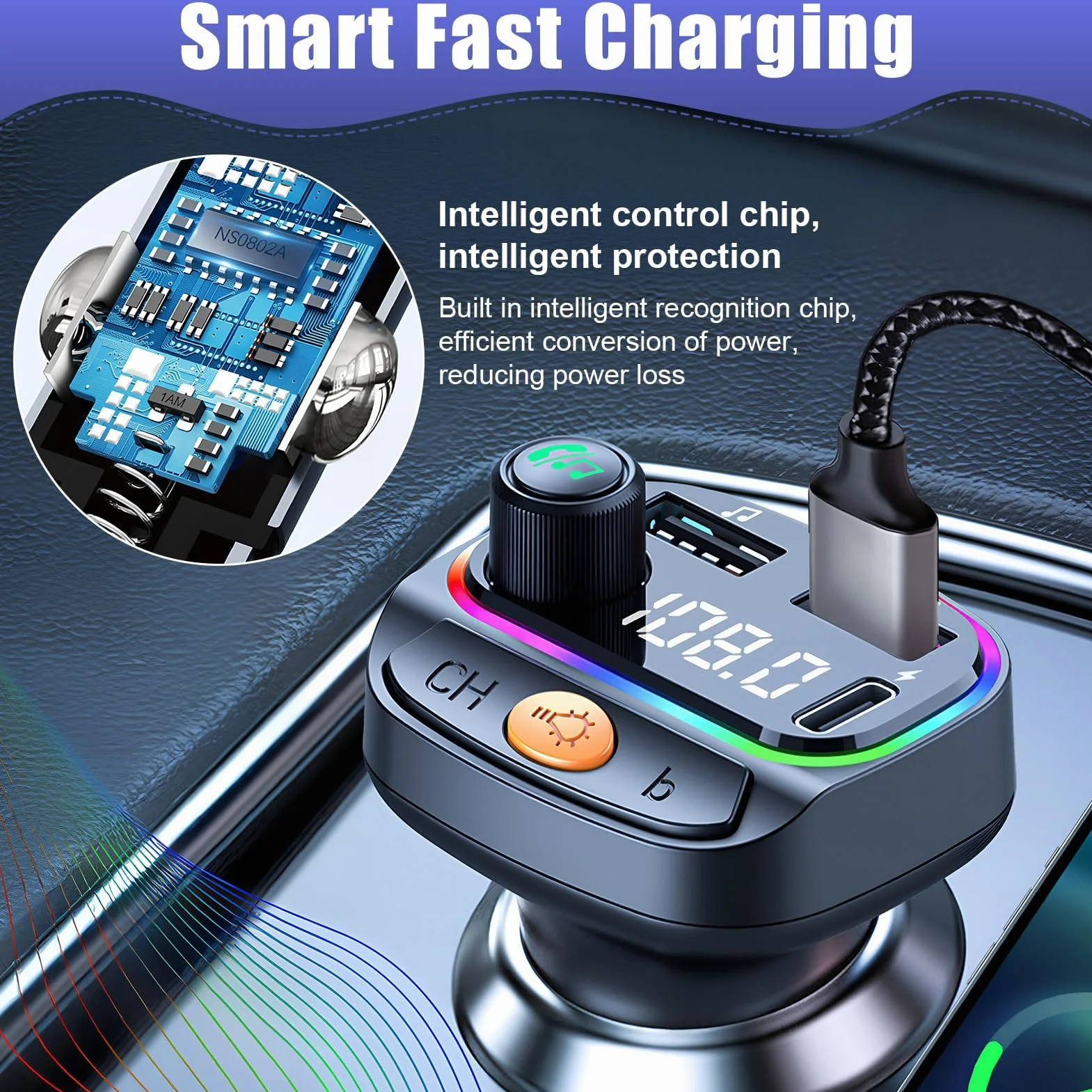 Transmisor FM Bluetooth Coche, Adaptador Bluetooth Radio Coche, Manos Libres, Radio Inalámbrica 5.0, Reproductor MP3, Soporte de Graves Hi-Fi, con luz Ambiental