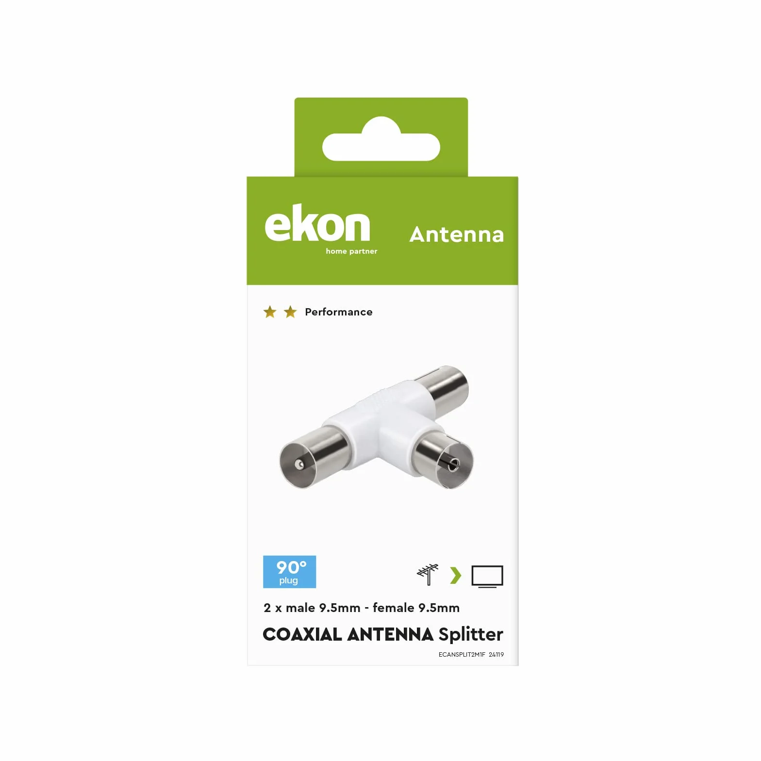 Ekon Divisor de Antena de TV de 9,5 mm, 2 Tomas Macho, 1 Conector Hembra Divisor coaxial, Divisor de Antena de TV, para TV, Smart TV, decodificador, Digital terrreste, satélite