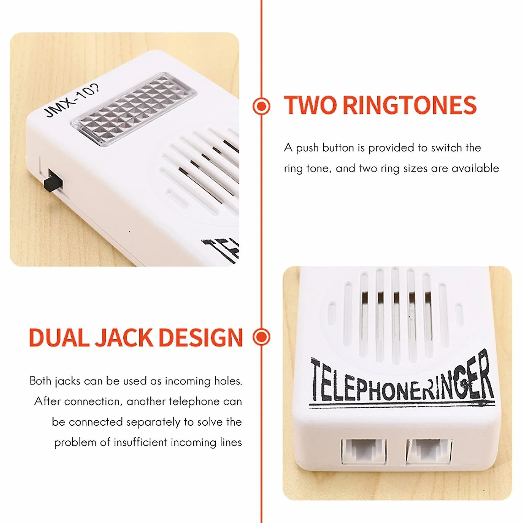 TECHZOCO Timbre con luz intermitente para teléfono fijo, amplificador sonido, 95dB, RJ11, Blanco