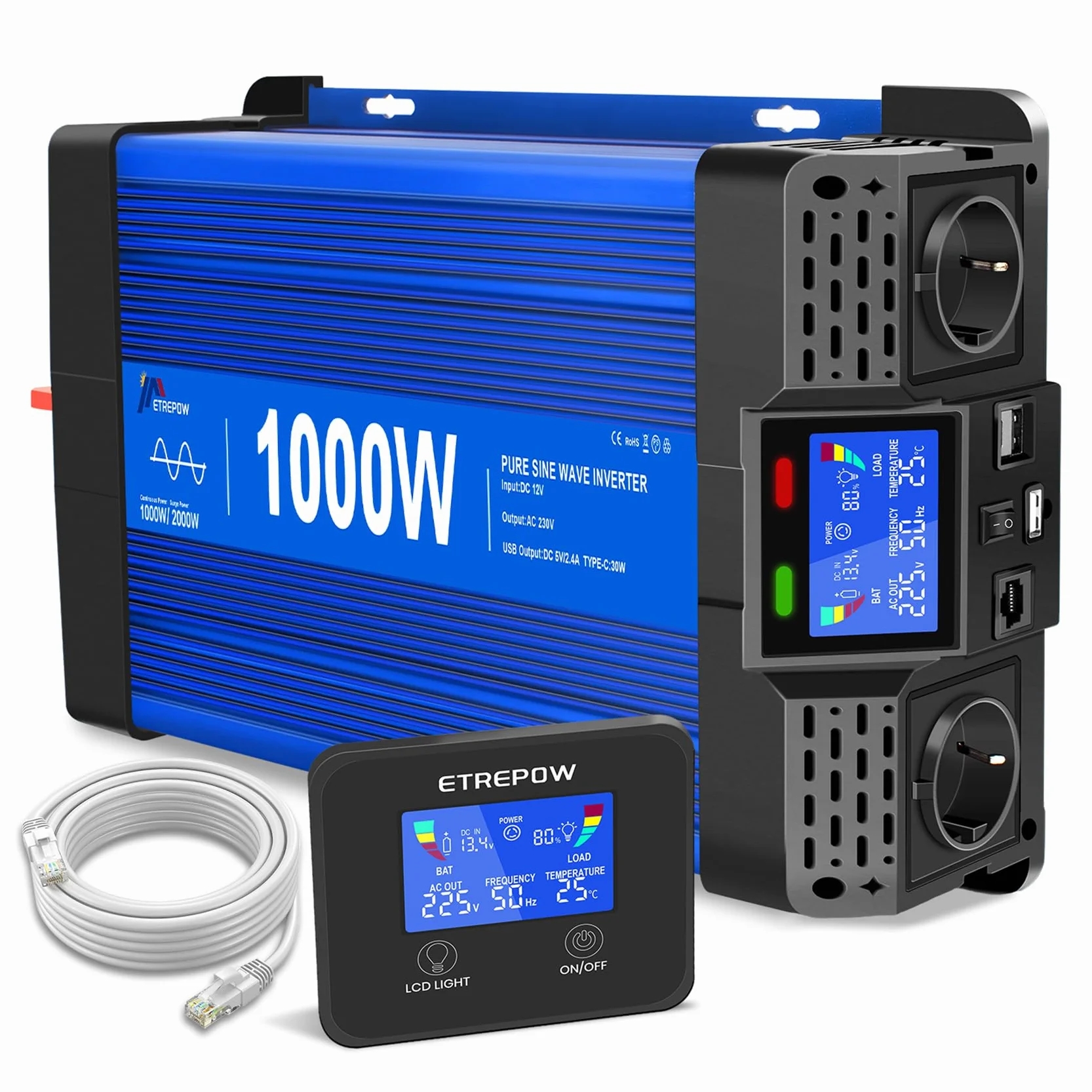 1000W/2000W Inversor 12v 220v Onda Pura con Mando a Distancia, 2 Tomas UE, 2 Puertos USB + Tipo-C, para electrodomésticos, caravanas, Camping Conversor de Voltaje.
