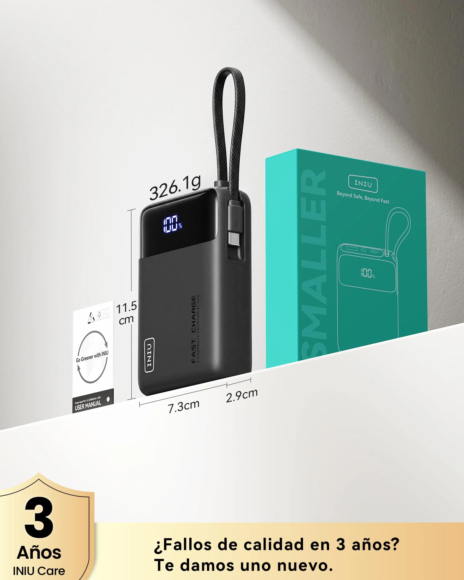INIU Power Bank 20000mAh 45W Carga Rapida Bateria Externa con Cable USB-C Integrado para iPhone iPad Samsung Xiaomi