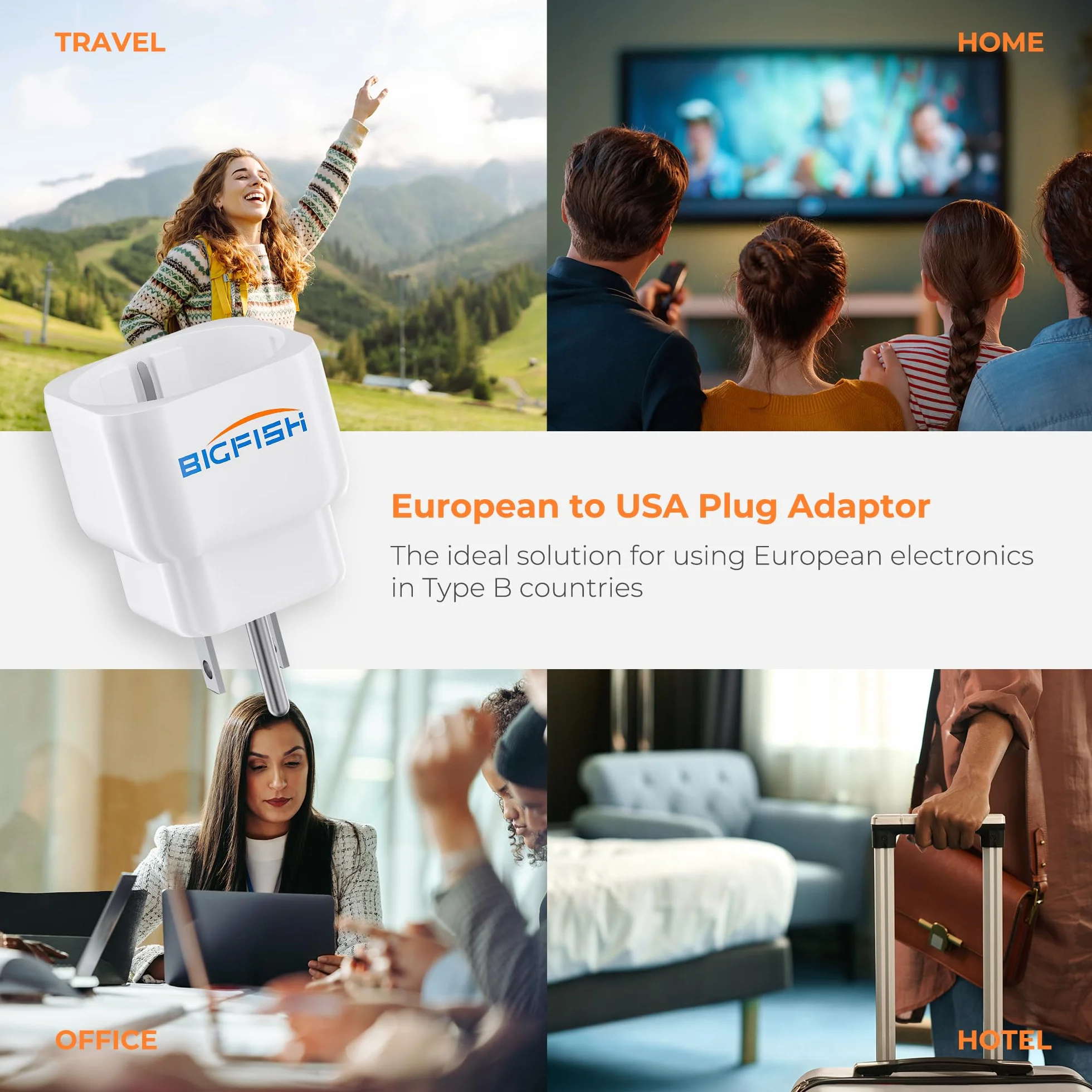 Bigfish Adaptador Enchufe USA Tipo B 2 Piezas, Adaptador Enchufe Americano – De 2-Pin Europa a 3-Pin Estados Unidos, Canadá, México y Tailandia
