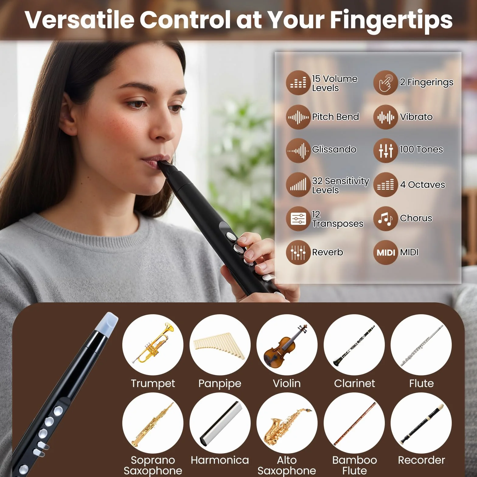 KOMFOTEU Juego de Instrumento de Viento Digital Portátil, Saxofón Electrónico con 100 Sonidos, MIDI Inalámbrico, Altavoz HIFI, Rango de 4 Octavas y 2 Digitaciones, Instrumento Recargable