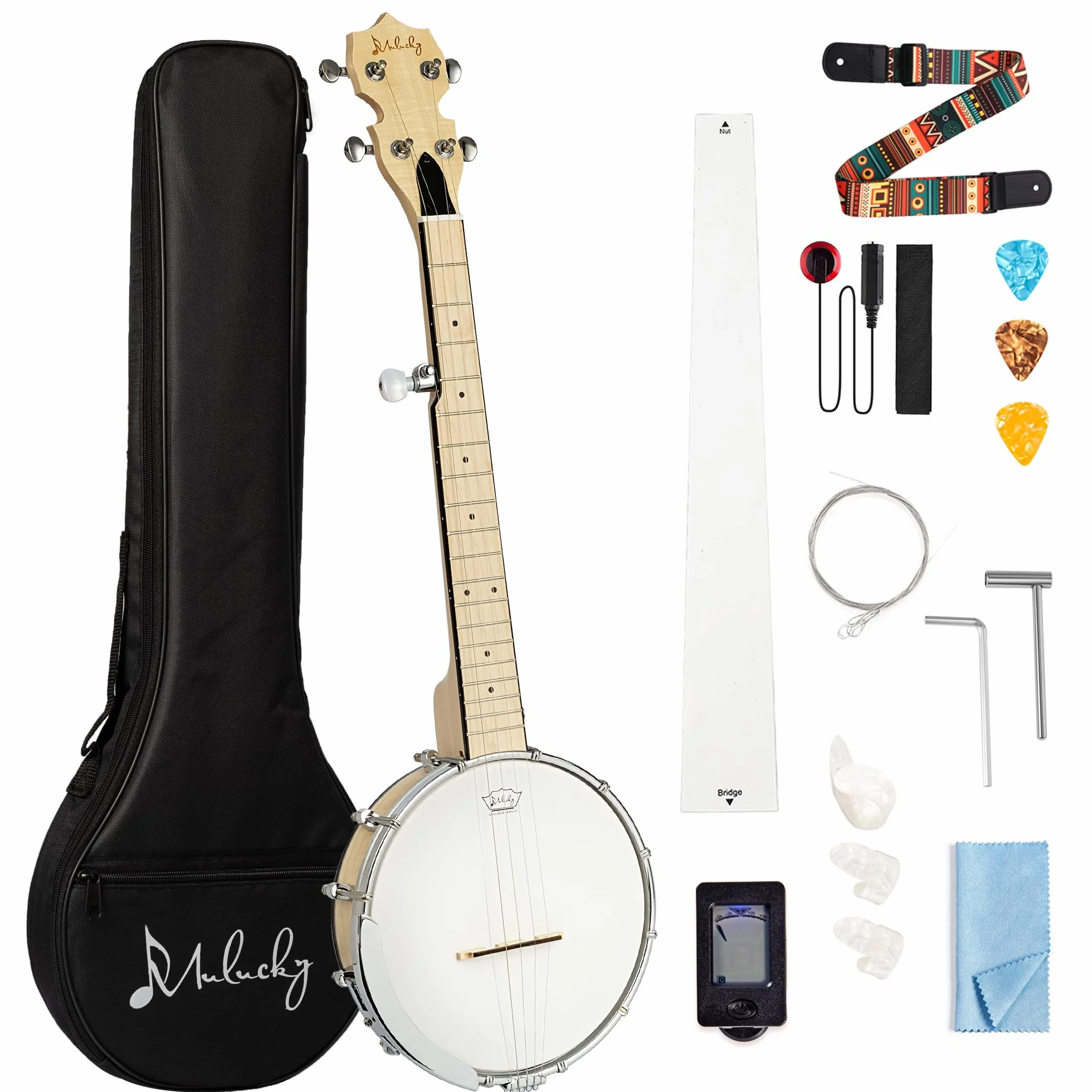 Mulucky B805 - Banjo Mini de 5 cuerdas, 66 cm, kit de viaje para principiantes, parte trasera sólida cerrada, con bolsa de concierto, afinador, púas, correa de cuerdas, B805