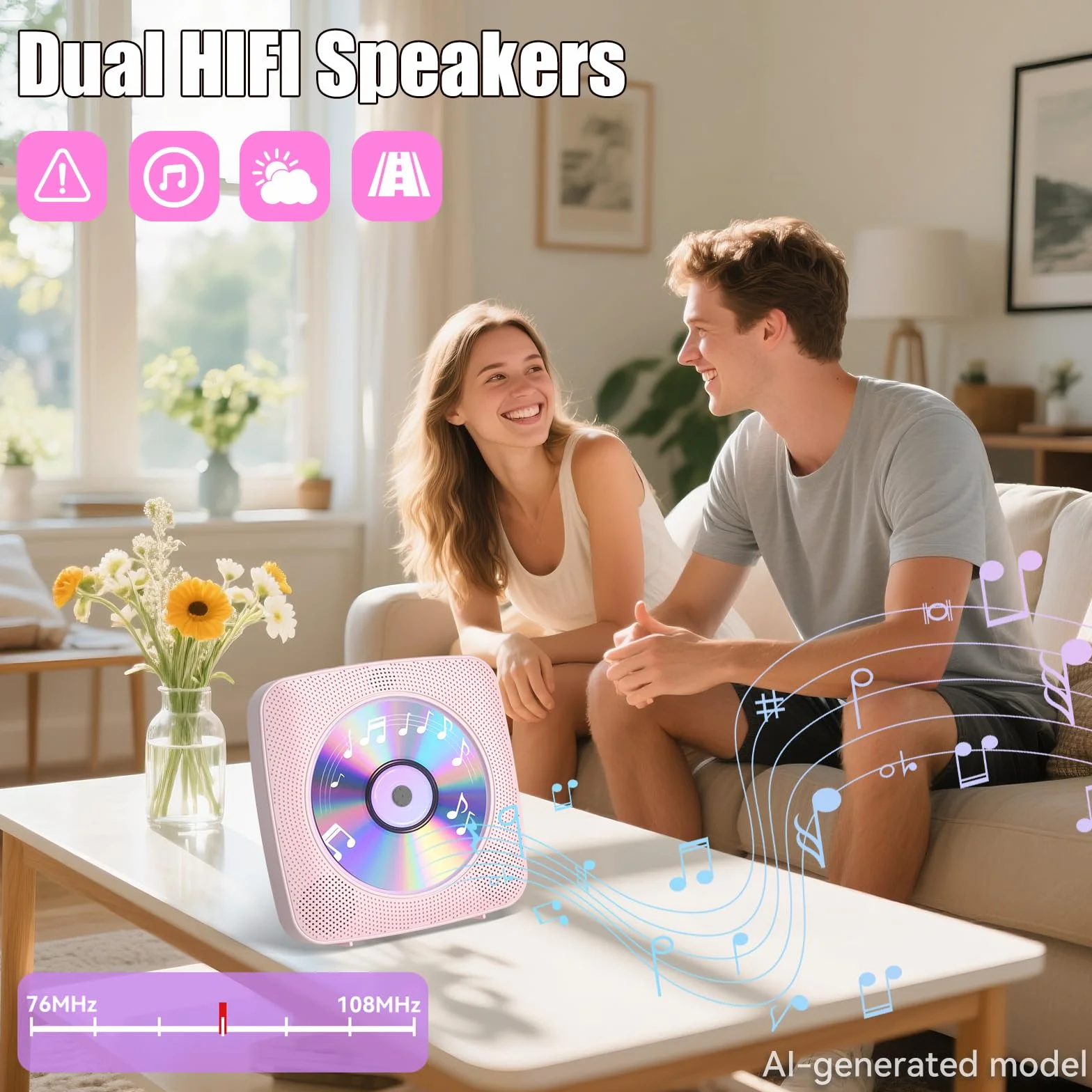Gueray Reproductor de CD Portátil Bluetooth 1800mah Reproductor de CD Adecuado para Reproductores de CD Domésticos con Altavoces Dobles, Radio FM, Remoto, Puerto de Auriculares USB AUX-Rosa