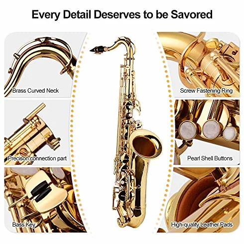 Saxofón tenor, cuerpo de latón, instrumento de viento de madera lacado dorado con estuche de transporte, guantes, paño de limpieza, cepillo y correas para el cuello