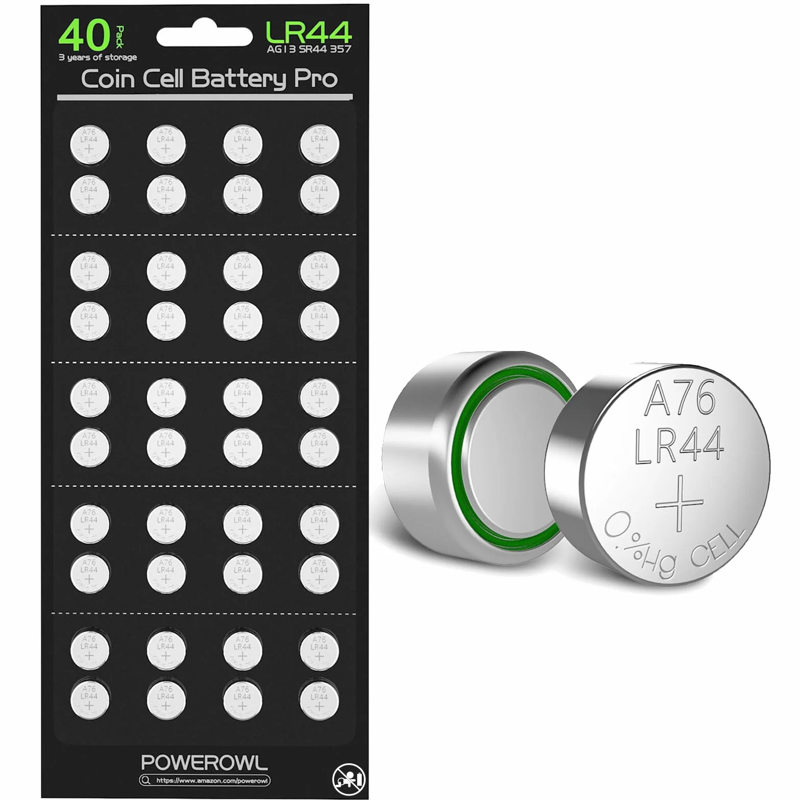 POWEROWL 40 Pilas de Botón Alcalinas AG13 LR44 de 1.5 V, A76/ V13GA / GP76A / 357 / SR44W Baterías de Botón