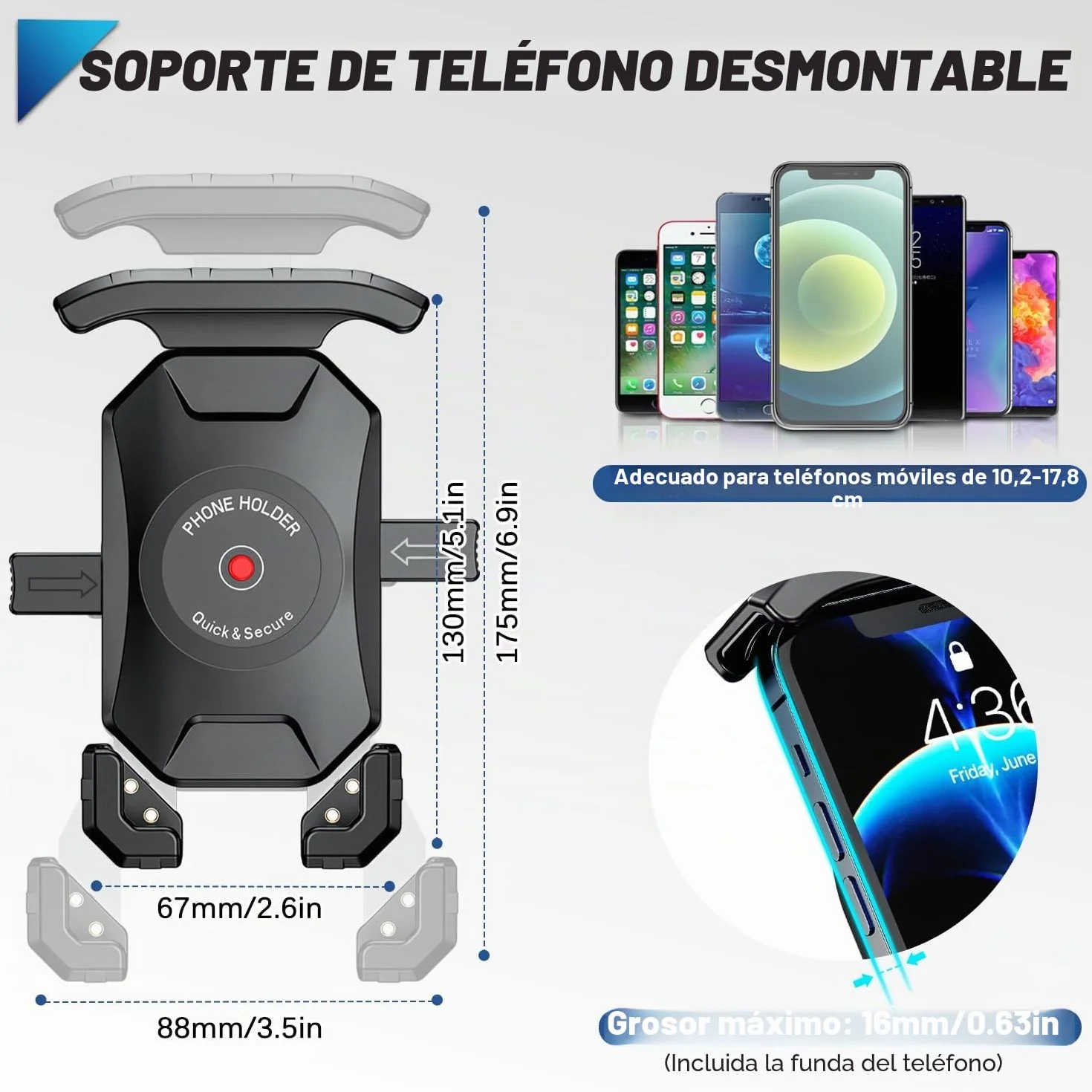 WACCET Soporte Movil Moto 360° Rotación Soporte Telefono Motocicleta Durable Anti Vibración Porta Movil Scooter Retrovisor Resistente al Óxido Portamoviles Moto para Móvil 4-7 Pulgada (Negro)