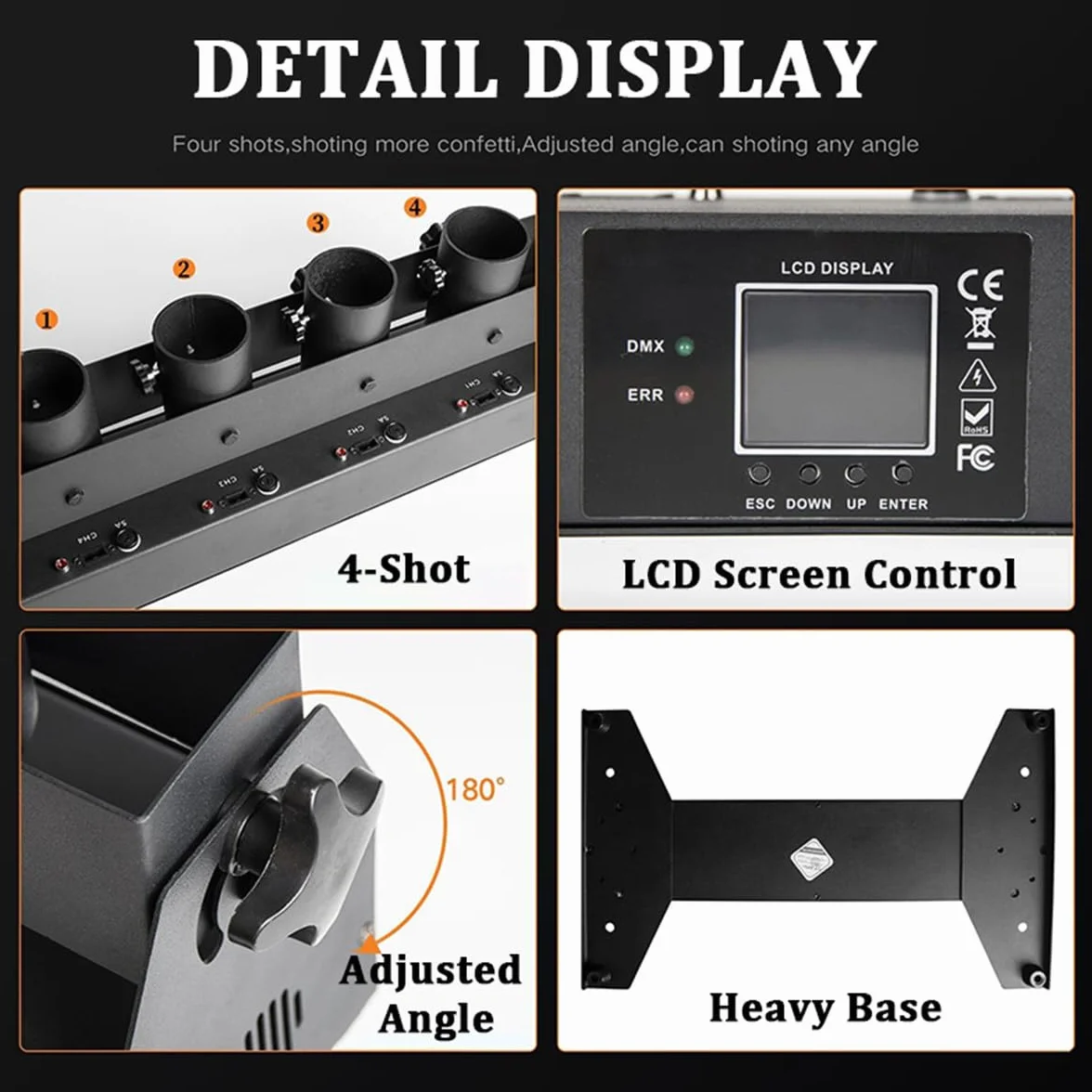 Máquina lanzadora de confeti profesional, DMX512 y máquina de chorro de confeti con control remoto, máquina de confeti de 4 cabezales para bodas, fiestas, bares, ceremonias, rotación de 180°