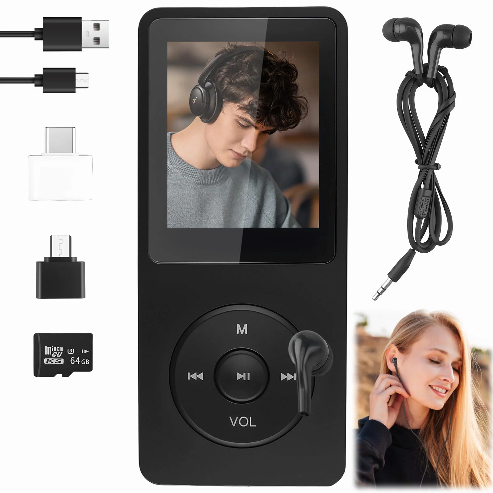 Reproductor MP3 Bluetooth 5.3, 64GB Reproductor de Música con Radio FM Grabadora de Voz, E-Book, HiFi sin Pérdida MP3 WMA Ape FLAC WAV Tarjeta TF hasta 128GB Auriculares con Cable y Adaptador OTG