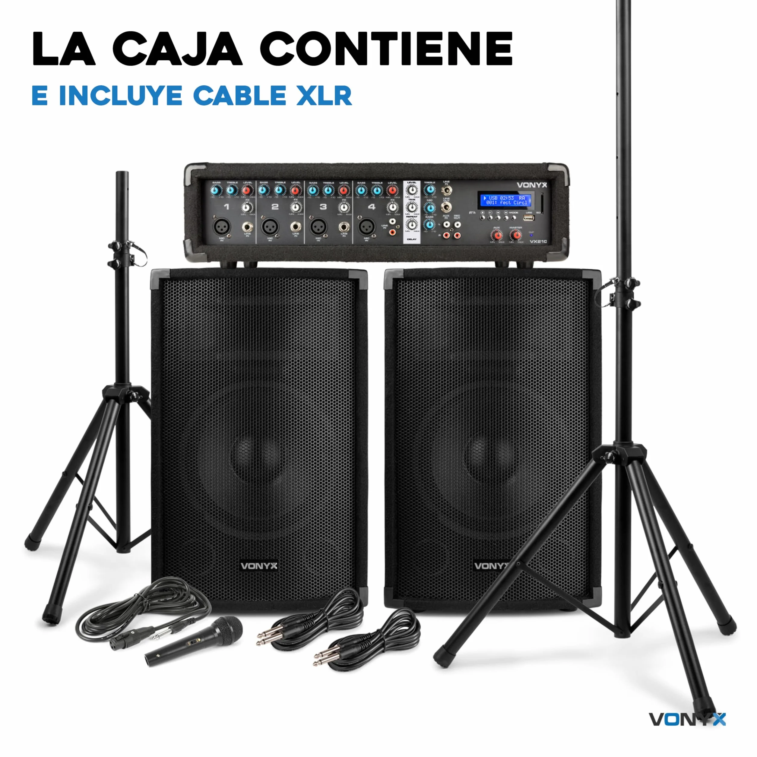 Vonyx VX210 – Sistema Karaoke Profesional de 800W con 2 Altavoces 10” y Soportes, Mezclador 4 Canales, Bluetooth, USB, SD, Equipo de Sonido para Fiestas y Karaoke Adultos, Color Negro