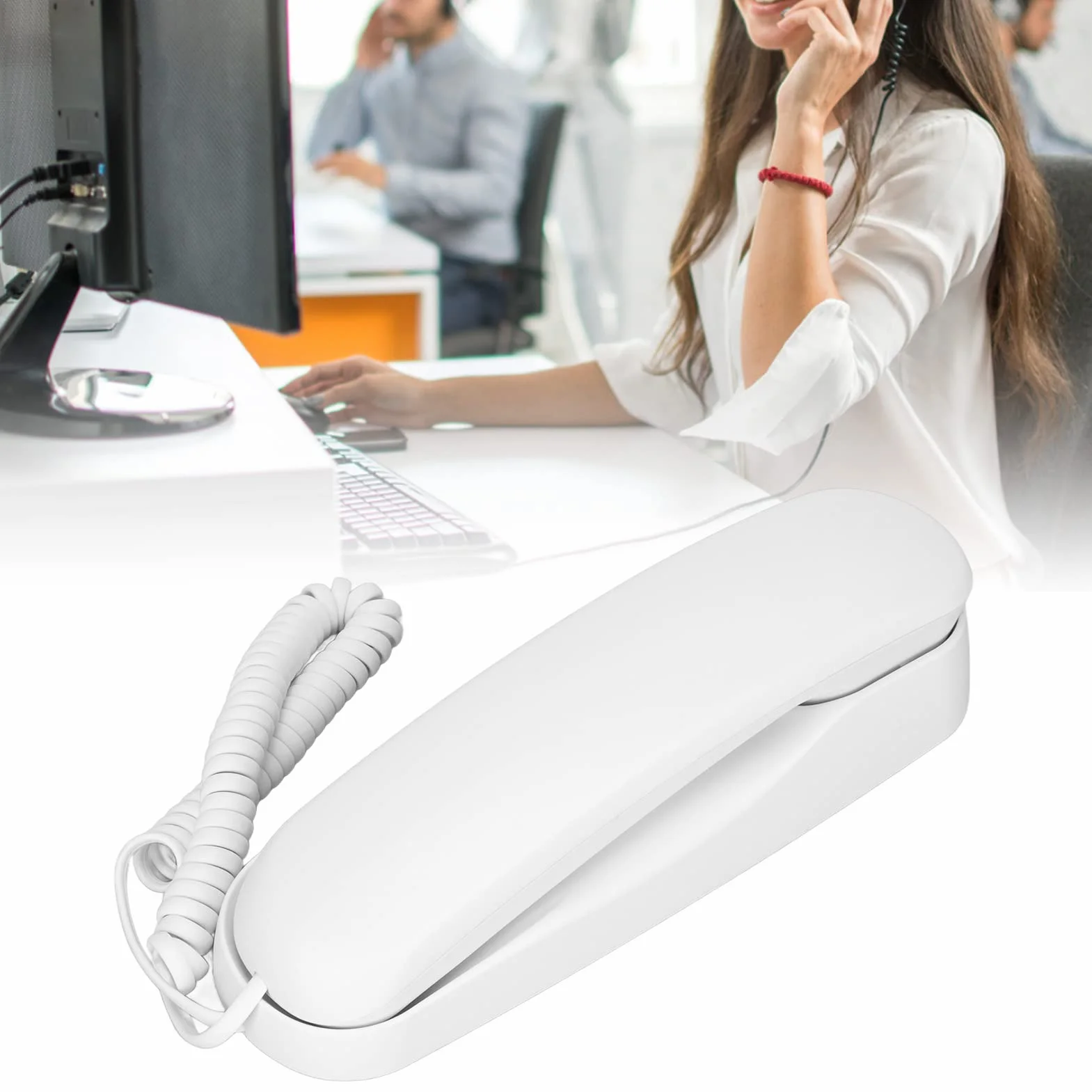 Teléfono alámbrico, Blanco pequeño Escritorio montable en la Pared teléfono de línea Fija con Cable, Soporte para Parpadeo, rellamada, Silencio, Pausa, para la Oficina Hotel Casa Escuela
