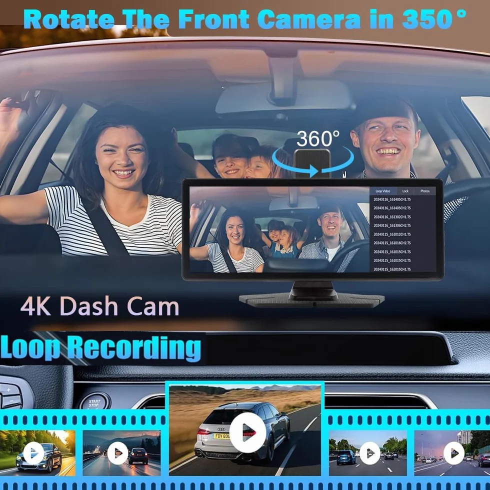 10.26" Wireless Carplay Screen 360 Rotation 4K Dash Cam Auto Stereo Backup Camera GPS Navigation