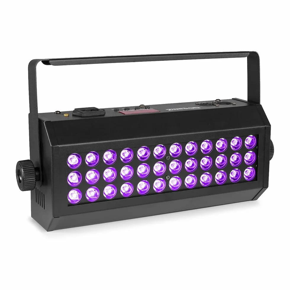 BeamZ Flood 36UV Luz LED Negra con 36 leds de 3W ultravioleta, Juego de Luces, DMX, XLR, Control de Sonido, Pantalla LED, Función Estroboscópica, Ideal para Fiestas Temáticas, discoteca, eventos
