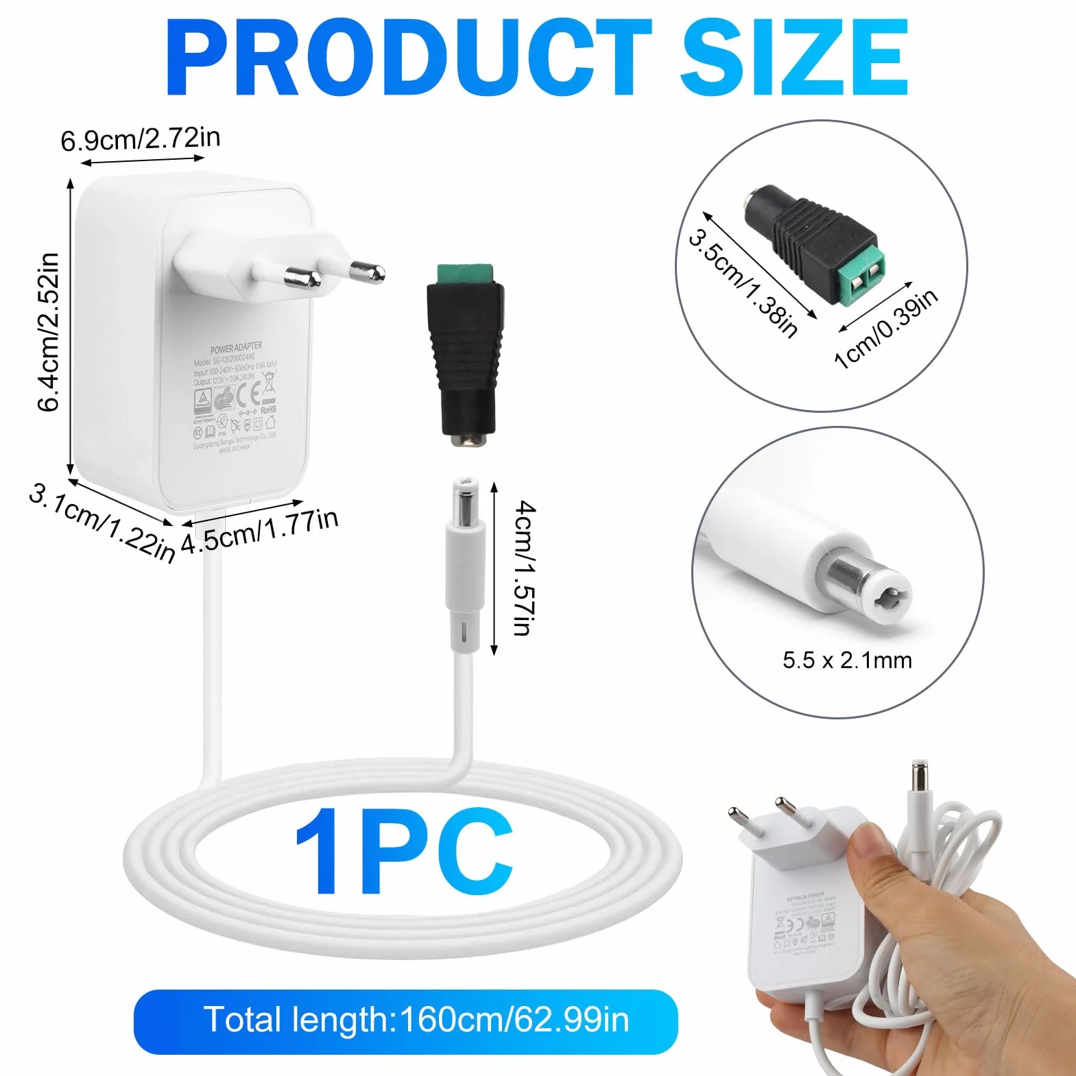 12V 2A Fuente de Alimentación Universal 24W AC/DC Adaptador de Corriente 100-240v 50/60hz Transformador 2000mA para Tiras Strisce LED, Cámaras CCTV Altavoces, Router 5,5x2,5mm Blanco