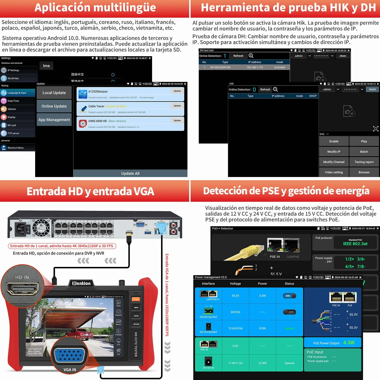 Monitor Probador de CCTV 4K 12MP - Tester Cámaras IP con PoE++ Máx 90W - Probador Cámaras 8MP TVI/CVI/AHD/CVBS Coaxial, Módulo SFP 1CH, WiFi, Herramientas Red, Tester de Cables, HD/VGA, Detección PoE