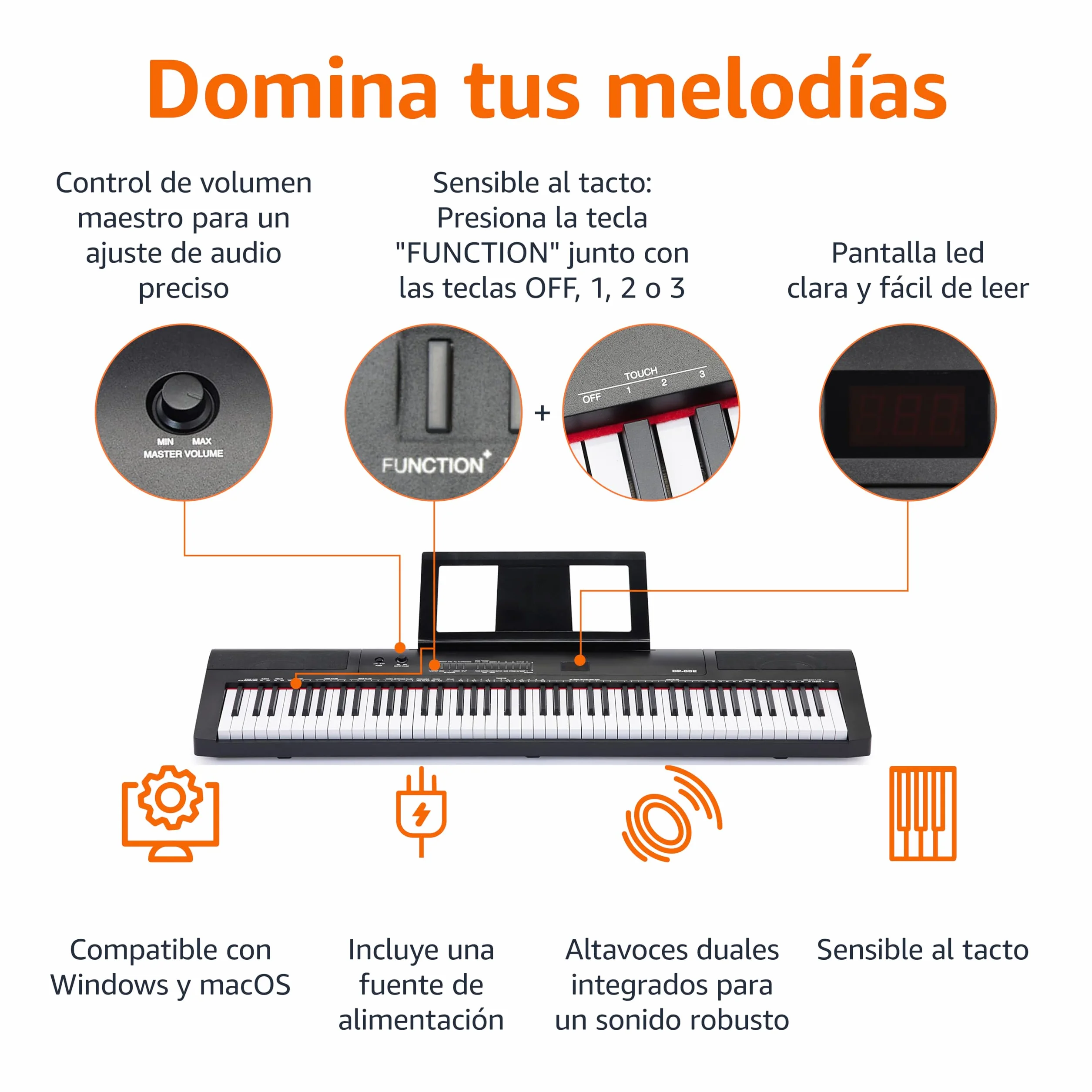 Amazon Basics Piano Digital Portátil de 88 Teclas Semicontrapesadas con Pedal de Sustain, 2 Altavoces, 140 Timbres, 200 Ritmos, 16 Canciones de Demostración, Metrónomo, Modo Lección - Negro