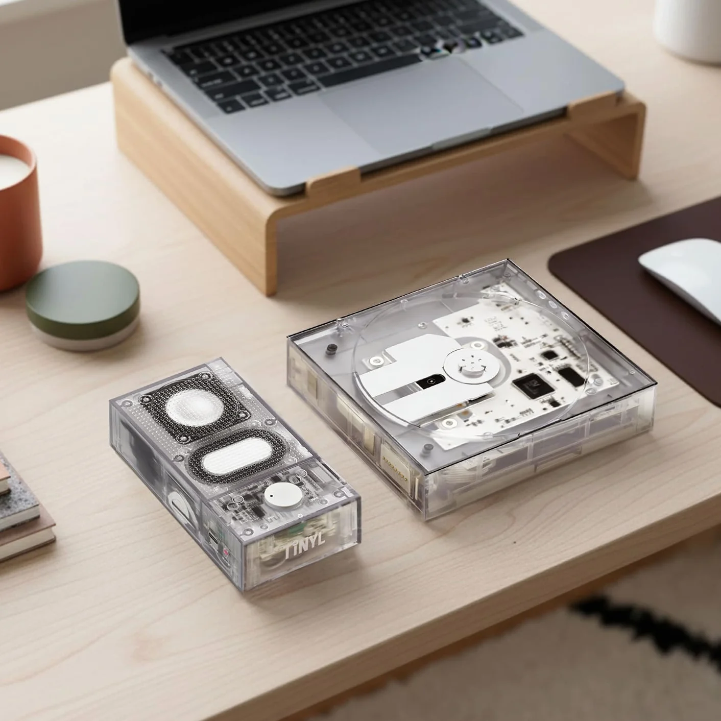 【Tinyl Split】Reproductor de CD 3 en 1 completamente nuevo y mejorado, blanco transparente, altavoz Bluetooth desmontable y reproductor de CD, portátil, recargable, para el hogar como regalo