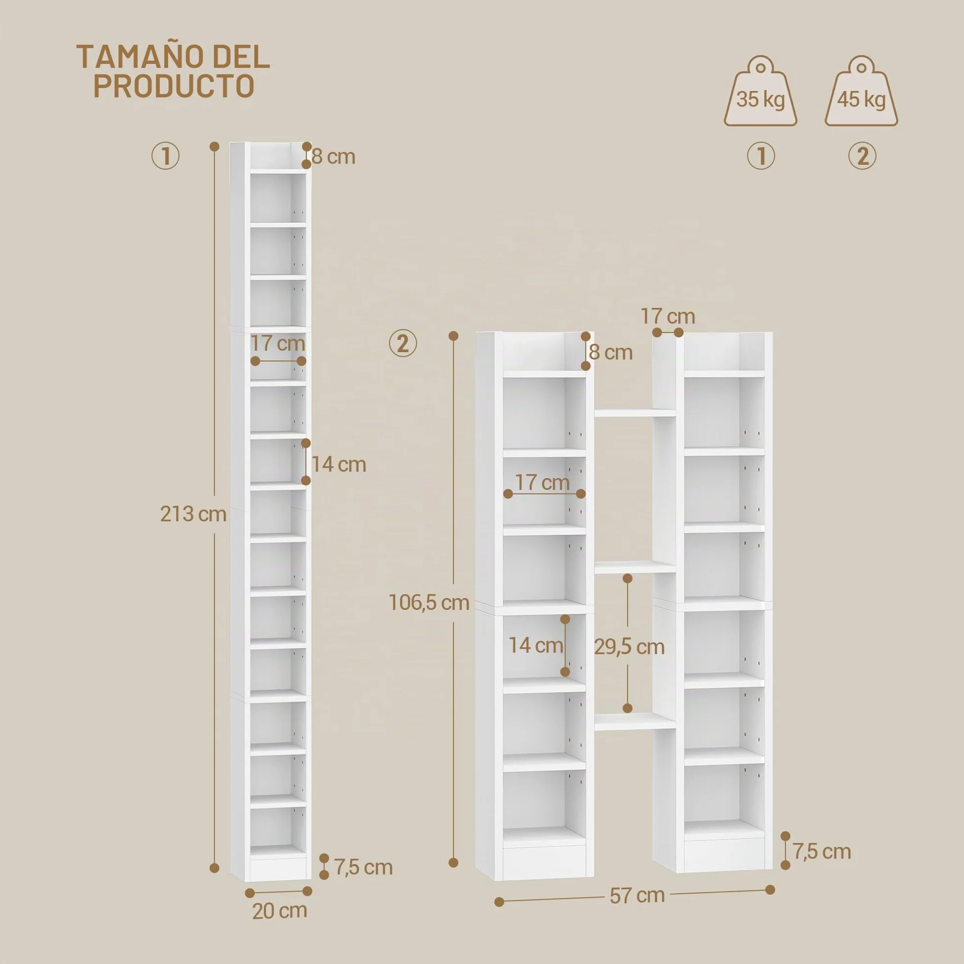 Hzuaneri Estanterías para CD o DVD Soportes, 14 Compartimientos, para 272 CDs, Estante Ajustable para Salón, Oficina, 17 x 20 x 213 cm, Blanco CR21403XV1