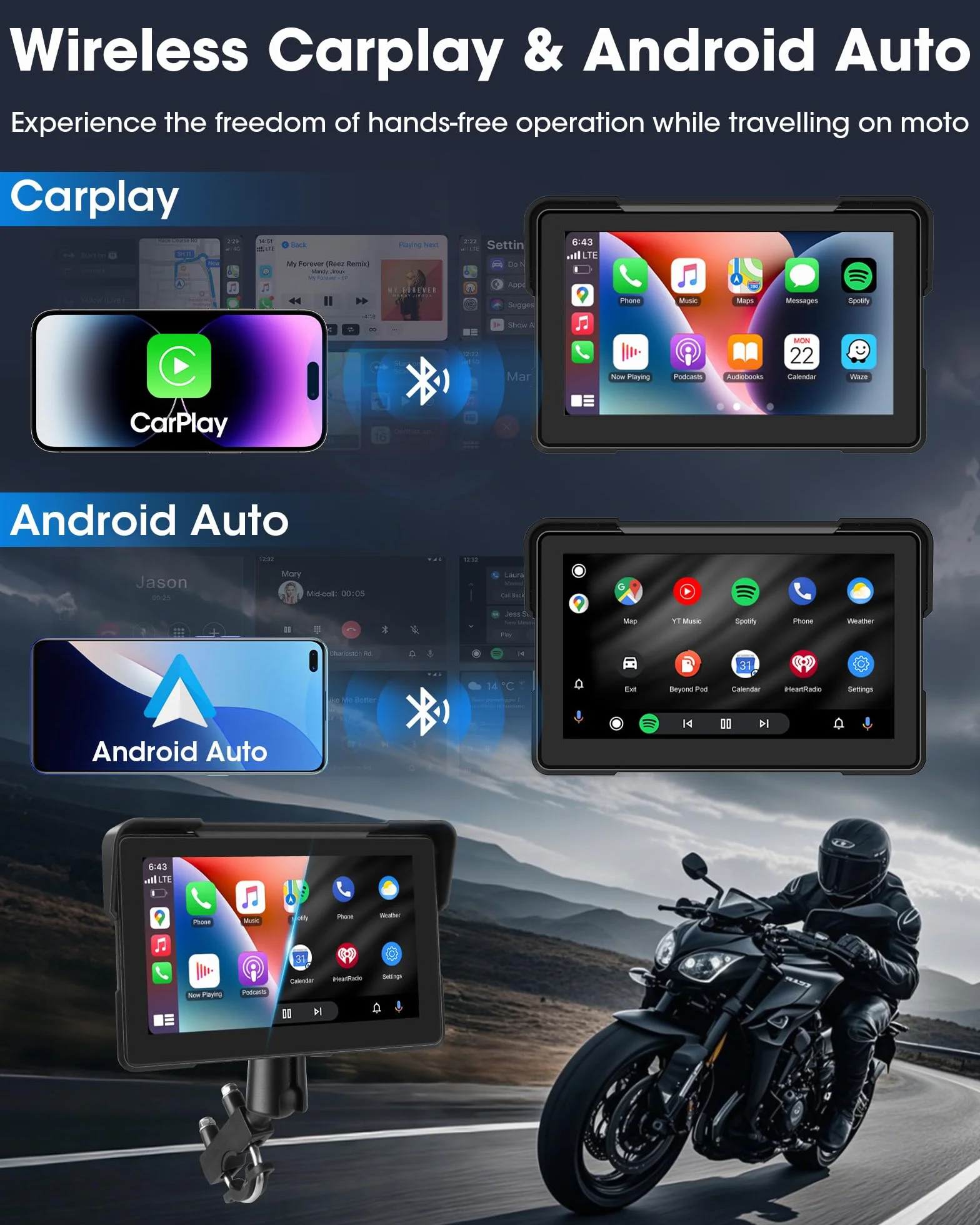 7 Pulgadas Carplay Moto Android Auto Moto Pantalla Carplay Portátil Inalámbrica con Navegador para Motocicletas, Siri/Asistente de G-oogle, Bluetooth, Impermeable IP67 para Viaje al Trabajo