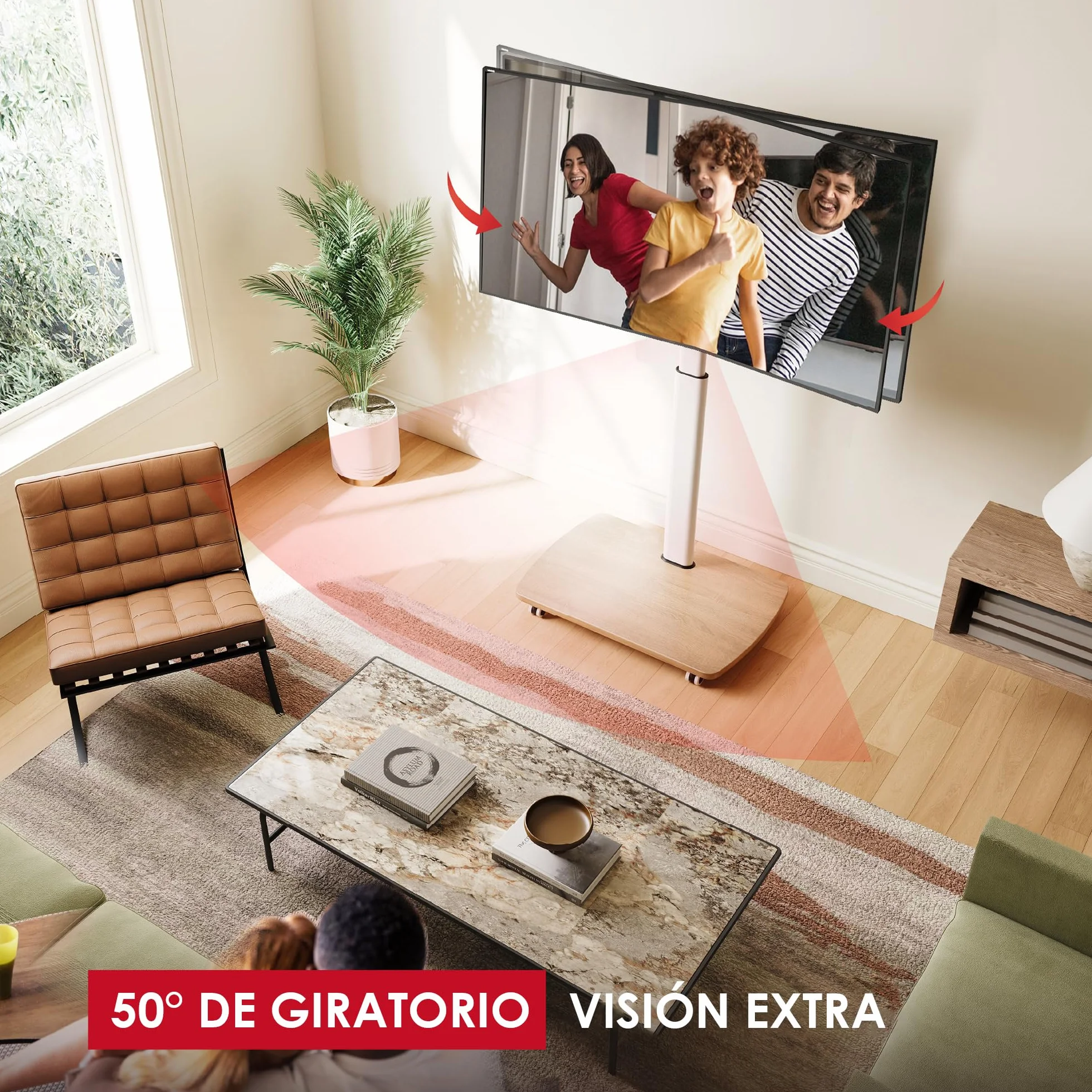 AOKCOS Soporte de suelo para TV móvil con estante de madera, soporte de TV con ruedas para televisores planos y curvados de 43 a 75 pulgadas de hasta 50 kg, altura ajustable, soporte giratorio para TV