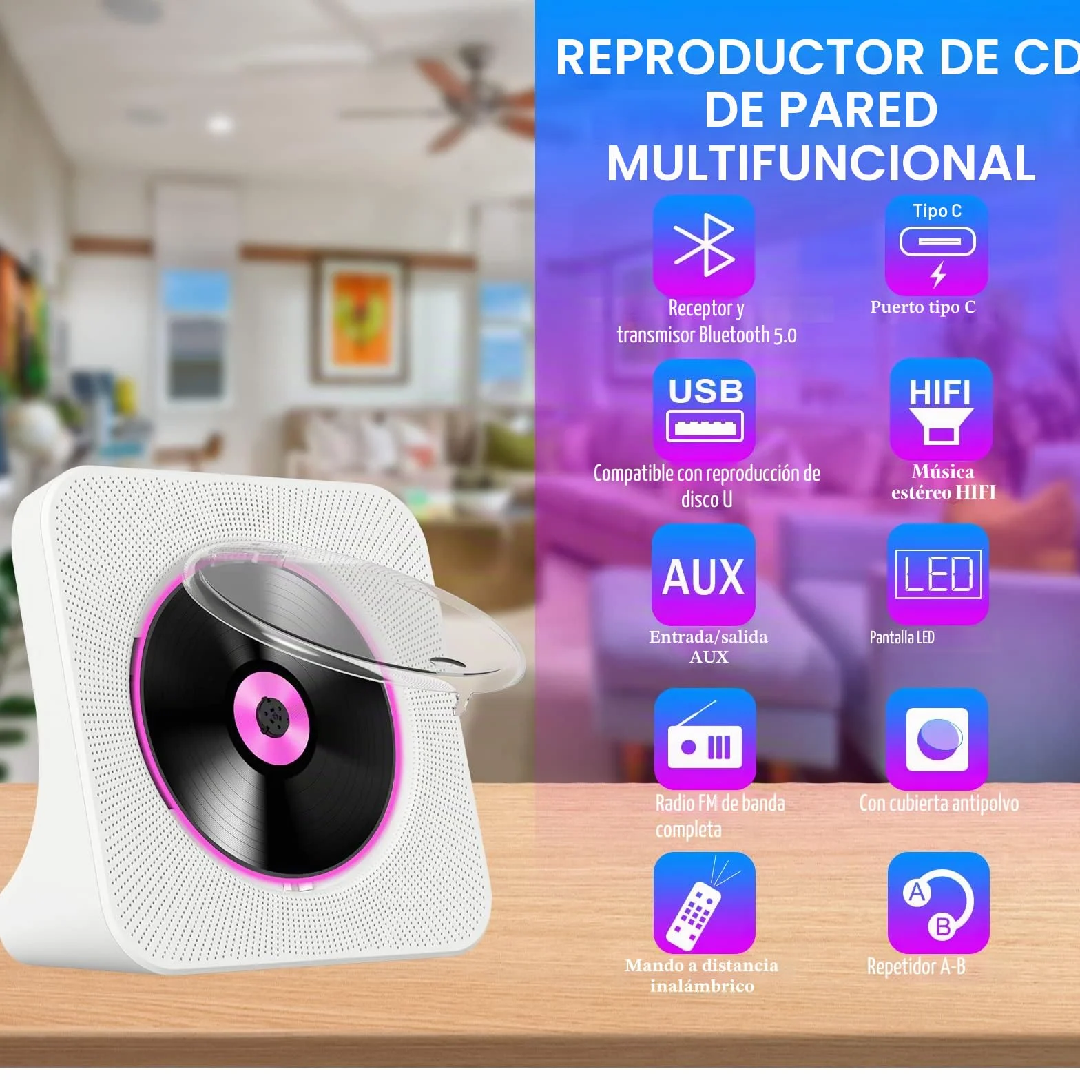 Reproductor de CD Portátil con Bluetooth y Batería 4000mAh Altavoces Radio FM Mando a Distancia