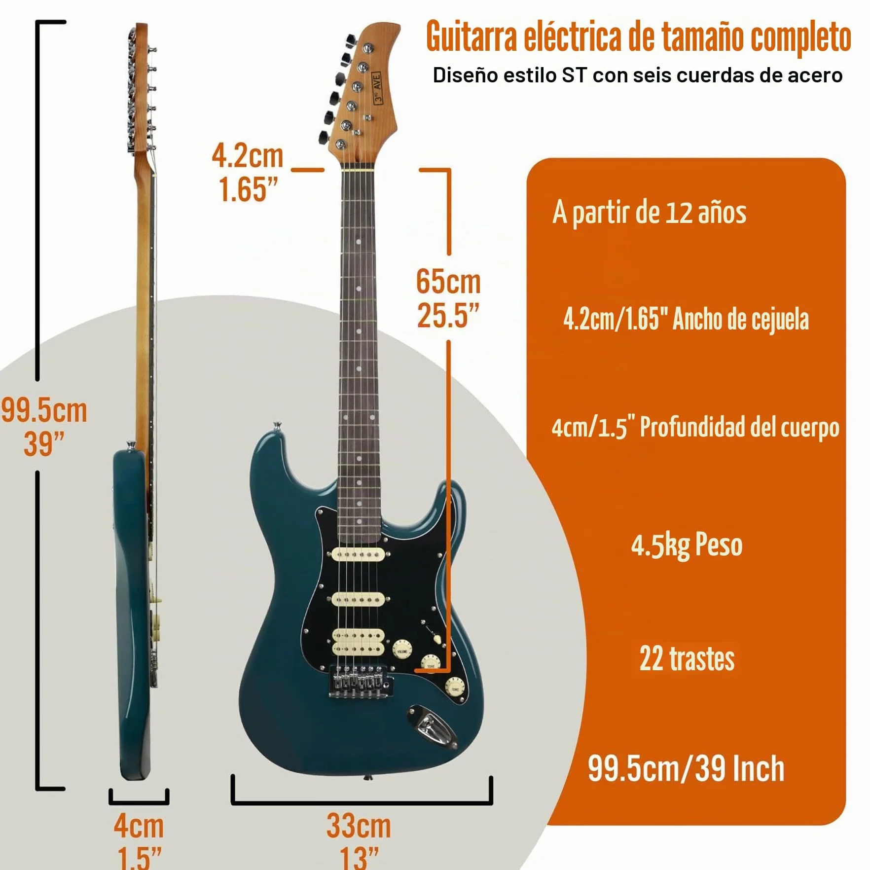 3rd Avenue Stateside Kit definitivo de guitarra eléctrica 4/4 de tamaño completo de con amplificador de 5 W, cable, soporte, funda acolchada, correa, púas, LECCIONES GRATUITAS - Delta Blue
