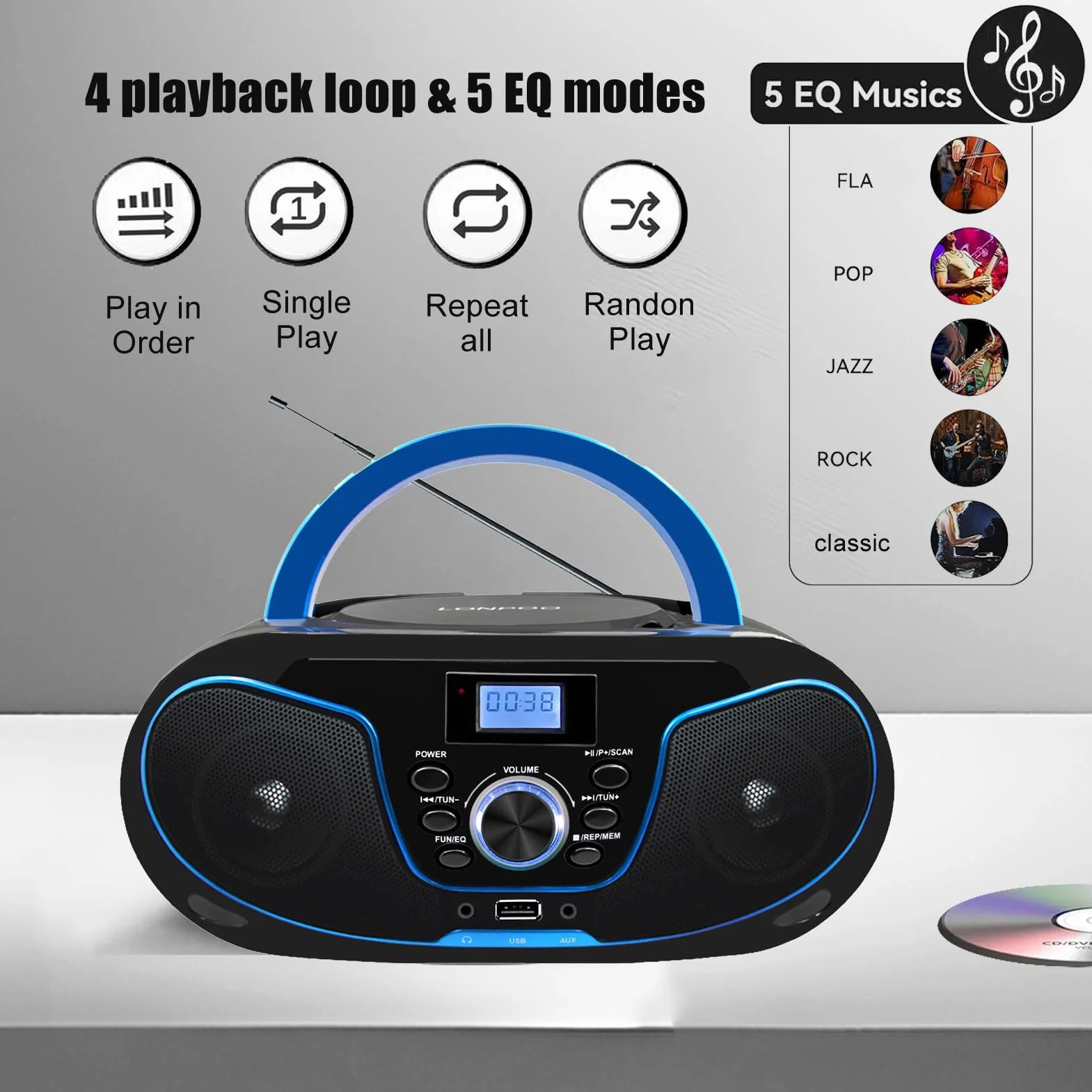 LONPOO Reproductor de CD portátil Boombox estéreo con Radio FM Bluetooth USB AUX Compacto CA o batería