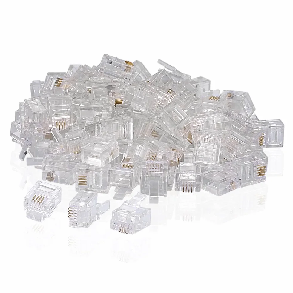 100 PCS RJ11 Plug 6P4C Teléfono Modular Teléfono Conector Conector Adaptador de Crimpar