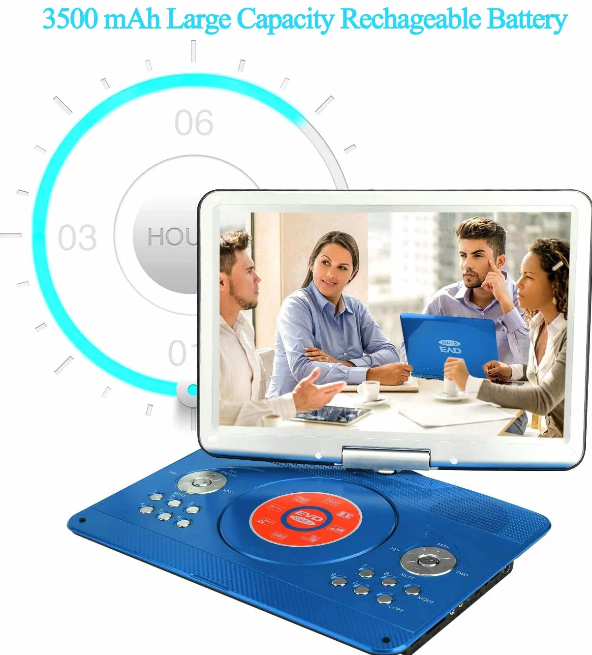 YOOHOO Lecteurs DVD Portables 16,9" Avec Grand écran LCD pivotant de 14,1" Lecteurs DVD de Voyage pour Enfants Adaptateur de Voiture Rechargeable Prise en Charge de la Carte, télécommande, Bleu