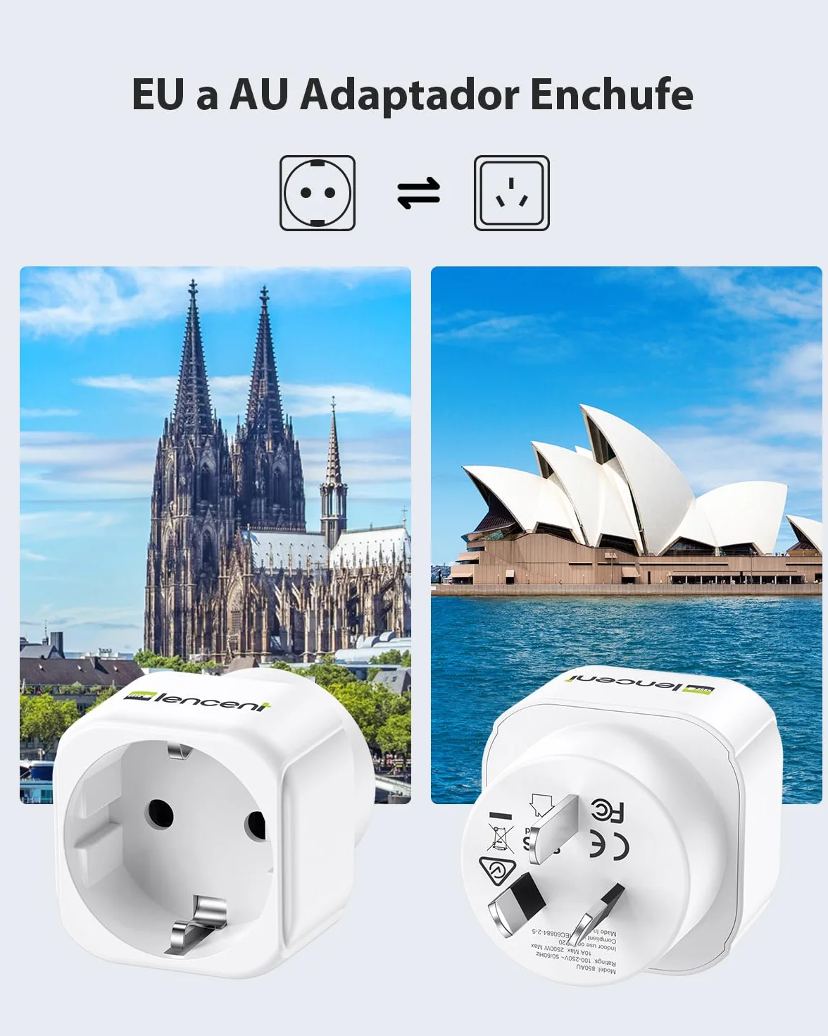 LENCENT 2 Piezas Adaptador Enchufe AU Tipo I de España a Australia, Adaptador 2-Pin Europeo a 3-Pin China para Australia, Argentina, Nueva Zelanda, Fiji