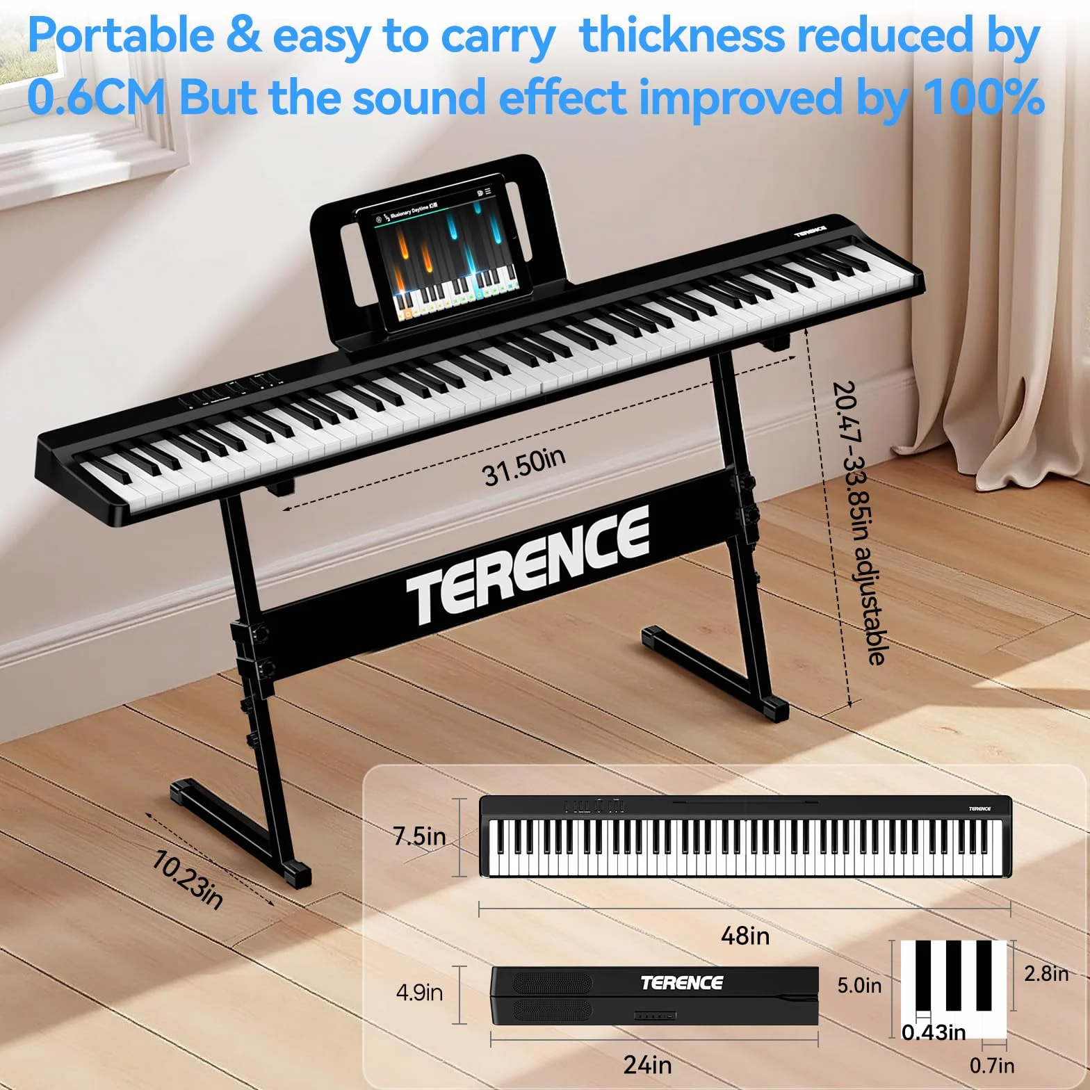 TERENCE Teclado de piano Piano digital portátil de 88 teclas con soporte Z, teclado semipesado para principiantes y expertos, función de grabación de audio integrada, interfaz MIDI Bluetooth.