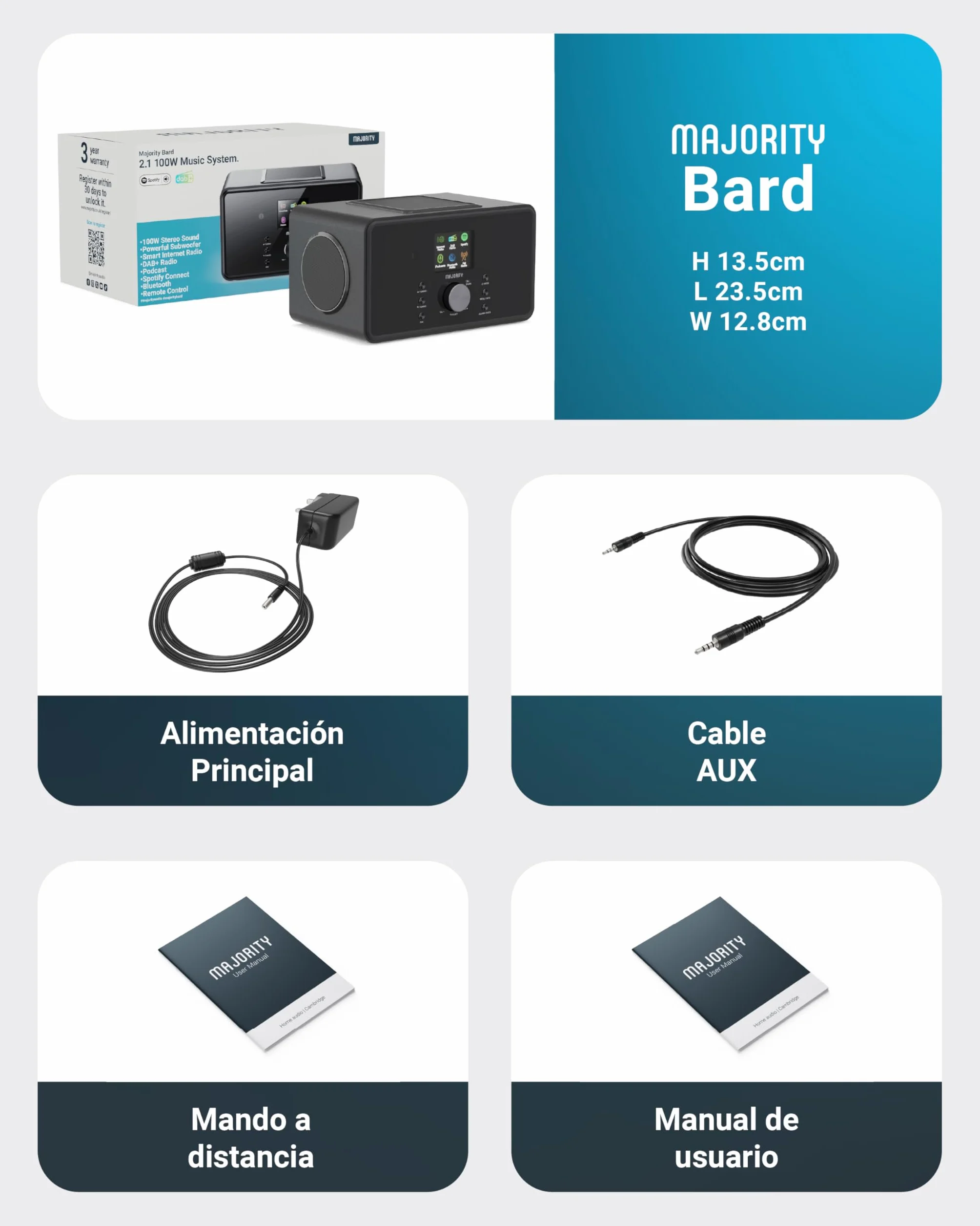 MAJORITY Bard Radio Internet con Dab+ | 2.1 100W Estéreo con Subwoofer Incorporado | Radio WiFi con Bluetooth & Despertador | Spotify Connect, Podcasts, FM, 90 Preajustes | Mando a Distancia (Negro)