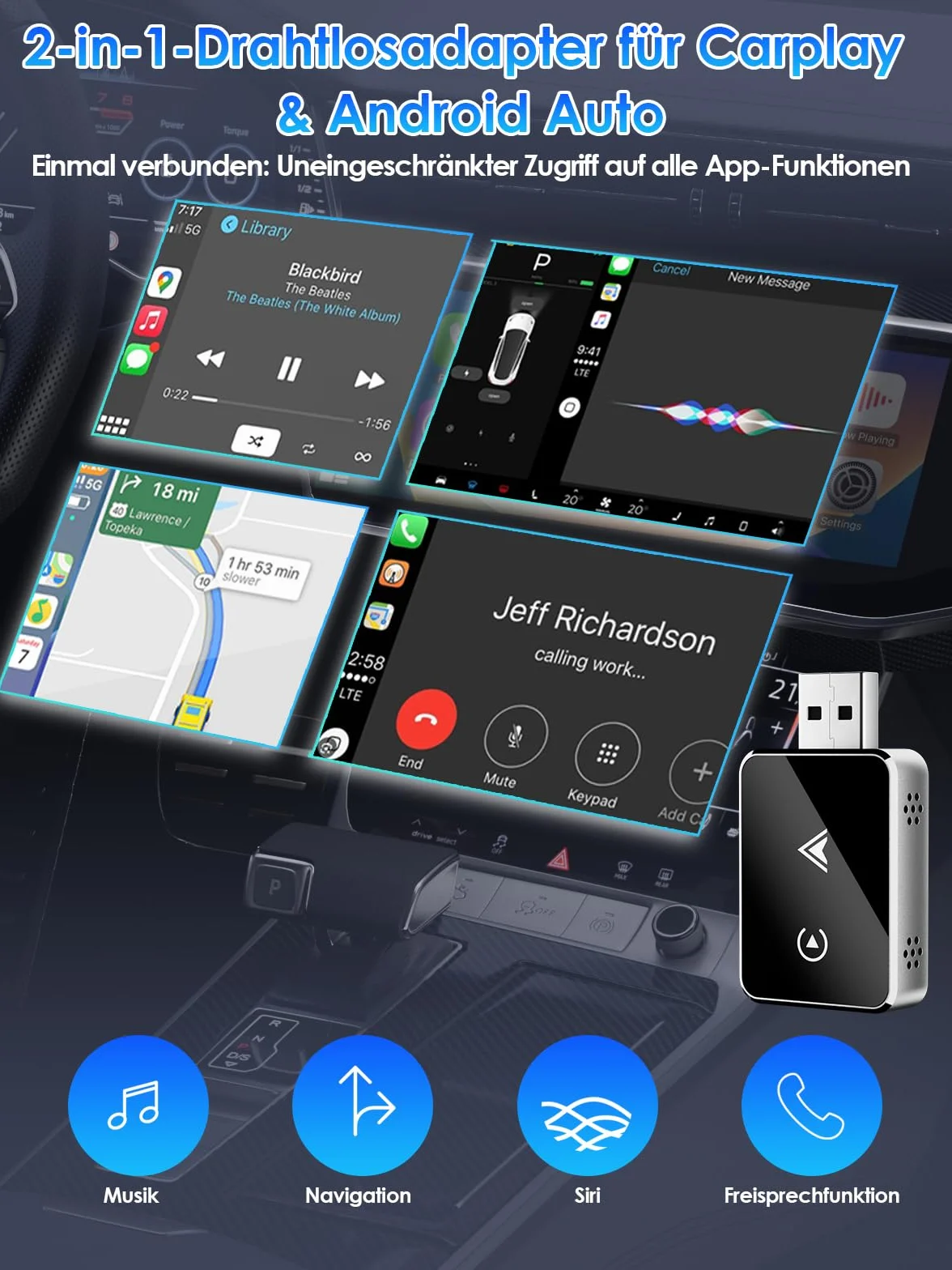 Adaptador Inalámbrico 2 en 1 para CarPlay/Android Auto, PARPAT 2025 Conversión Mejorada de Cable a Inalámbrico con USB/Tipo-C, Conexión Estable y Sin Retrasos, Compatible con iPhone/Android (K3)