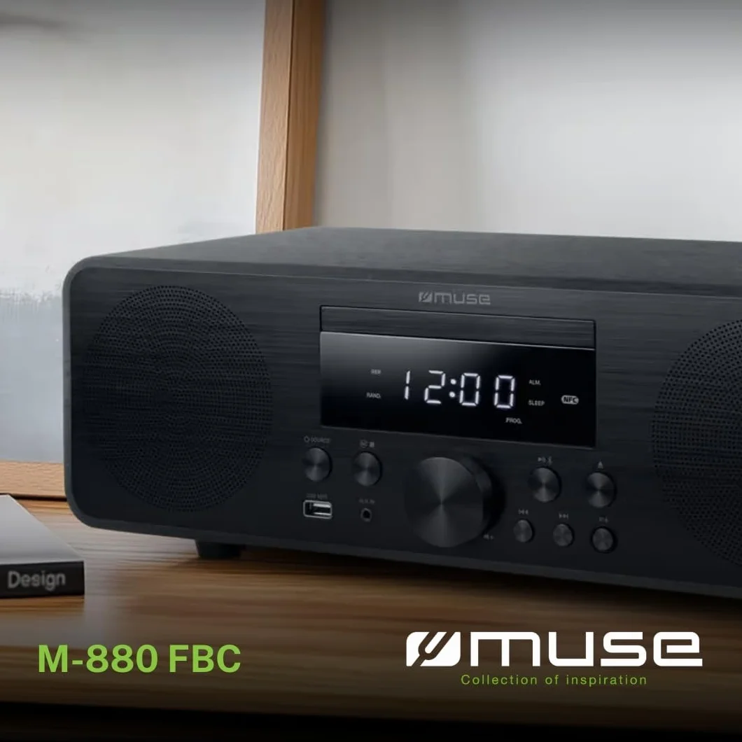 Muse M-880 FBC - Microsistema Bluetooth con CD, FM y USB, diseño de Madera con NFC y función Despertador. Radio FM PLL con 30 emisoras memorizables. Potencia de salída 80W.