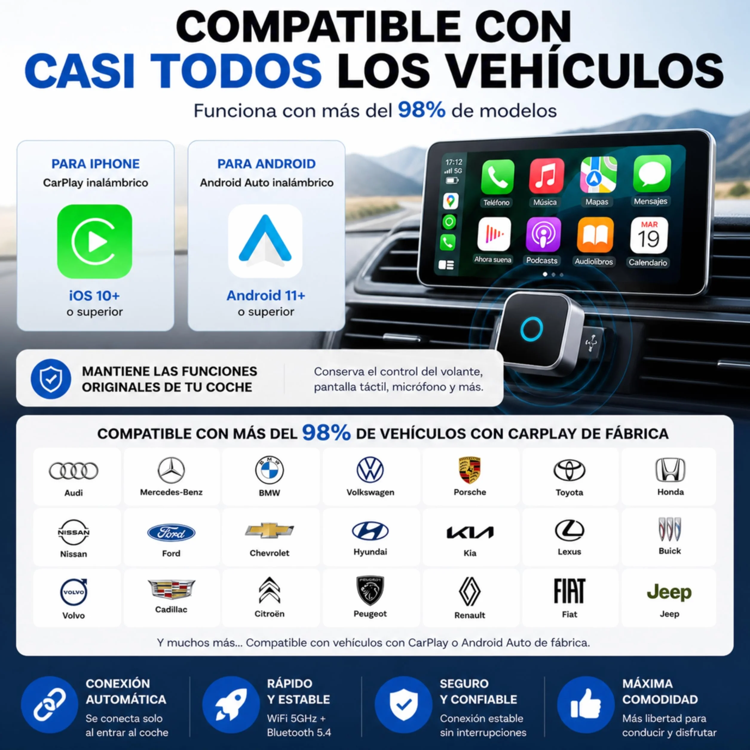 Adaptador CarPlay Inalámbrico 2 en 1. Android Auto inalámbrico USB compacto. Convierte carplay por cable en conexión sin cables rápida y estable Conexión automática en 5s Plug & Play (USB C)