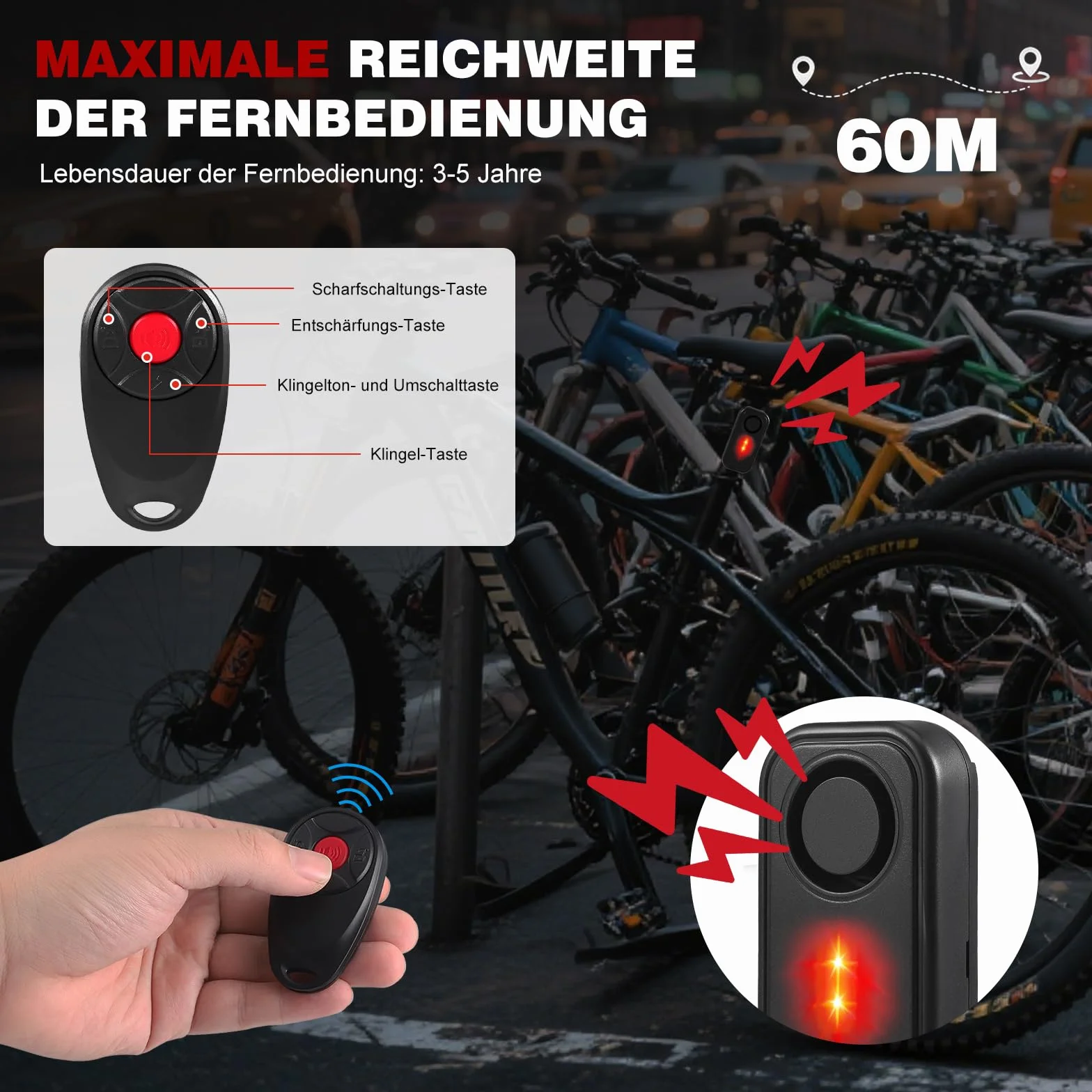 Sistema de alarma para bicicletas, antirrobo inalámbrico con sensor de vibración, sirena impermeable para bicicletas, volumen alto 113 db con mando a distancia para scooter, coche, bicicleta