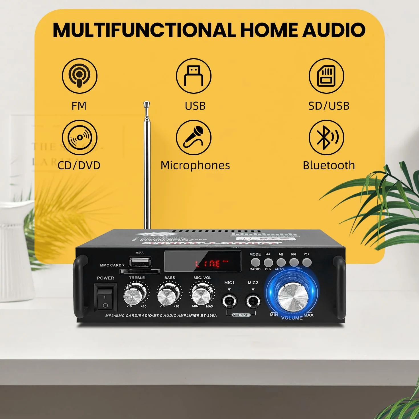 Mini Bluetooth Amplificador Audio, 600W HiFi de 2.0 Canales Audio Stereo Music Reproductor, SD Card/USB Input/FM Radio, para PC, TV, Amplificador Coche, casa Altavoz, subwoofer BT 12v 220V (600W)