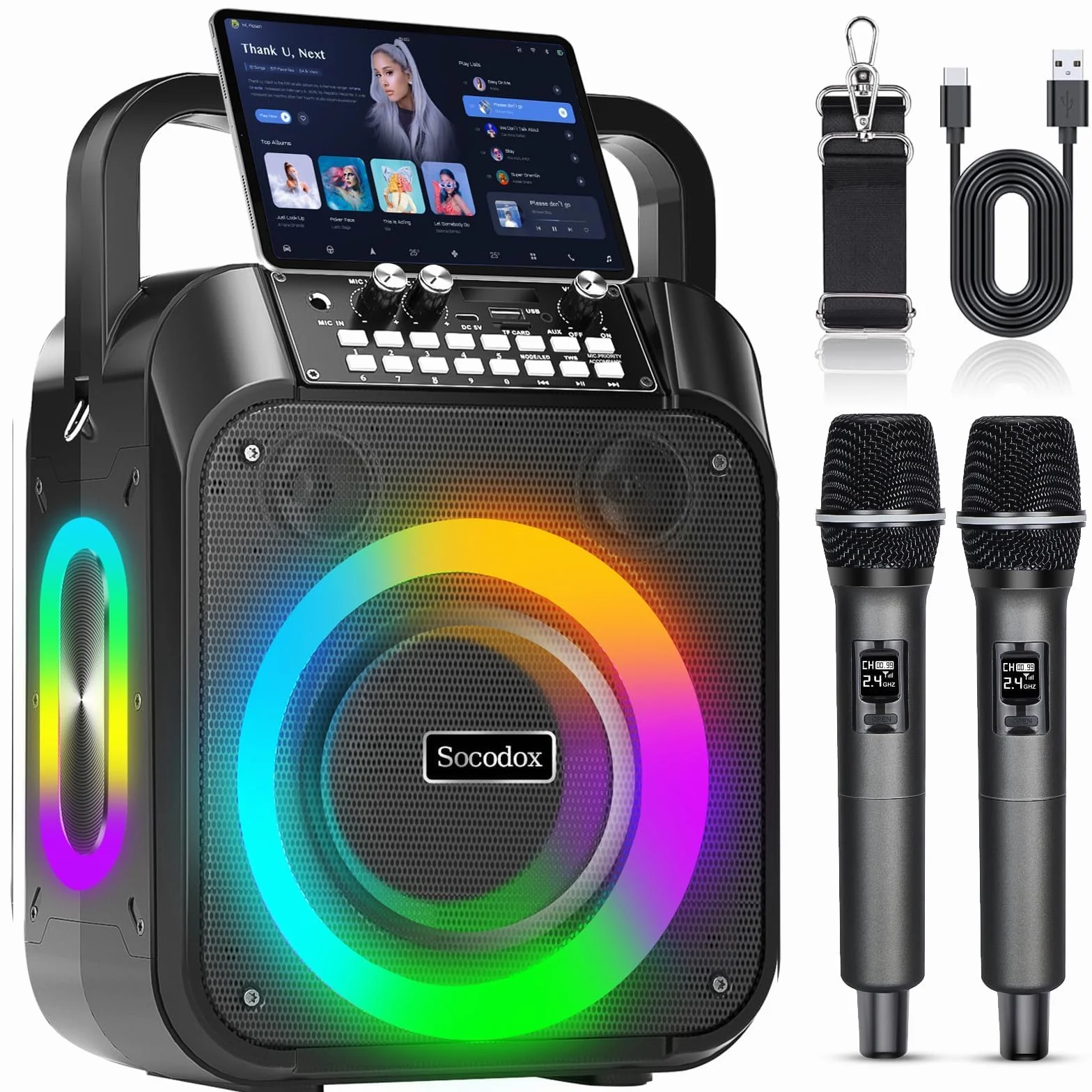 Máquina Karaoke,Altavoz Bluetooth Portátil con 2 Micrófonos Inalámbricos,Batería de 6000 mAh,Playtime 8H,Estéreo TWS,Luces RGB, Sistema Pa Dual Bass Boost para Adultos,Niños,Fiestas,Canto,DJ